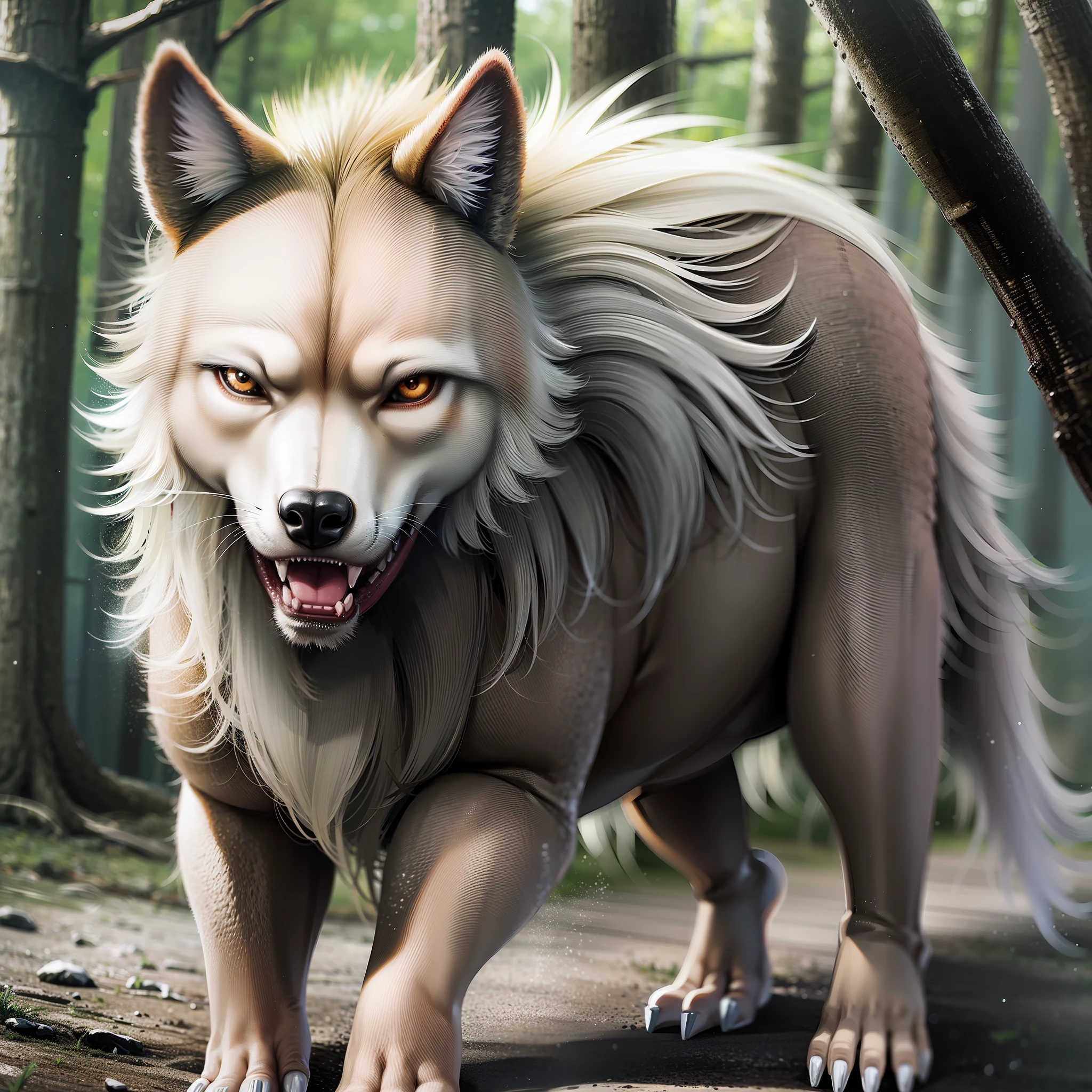 Faced wolf with sheep's body with a fierce look, in a forest (4K) (high quality) (realistic) (real hair) sharp teeth --auto --s2