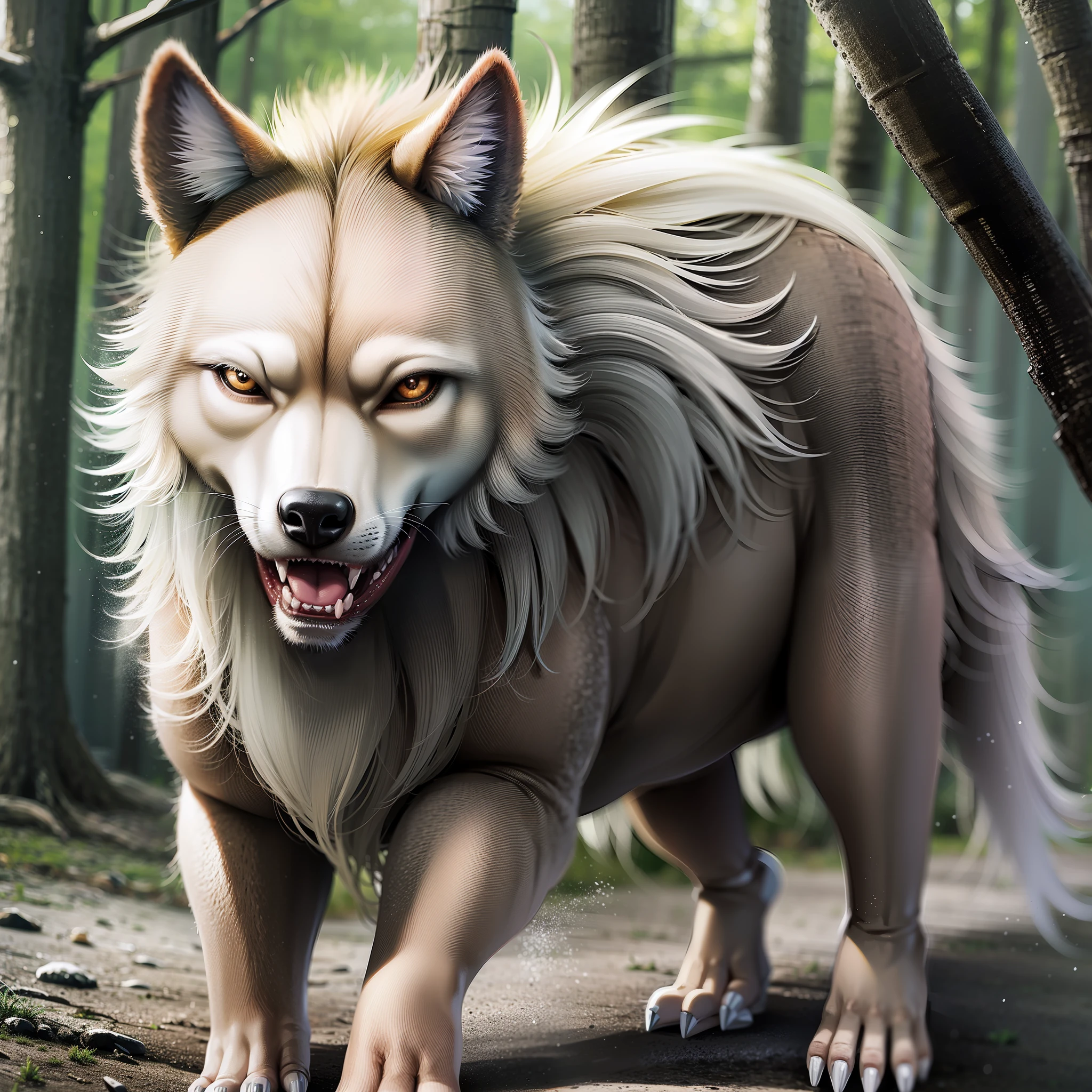 Faced wolf with sheep's body with a fierce look, in a forest (4K) (high quality) (realistic) (real hair) sharp teeth --auto --s2