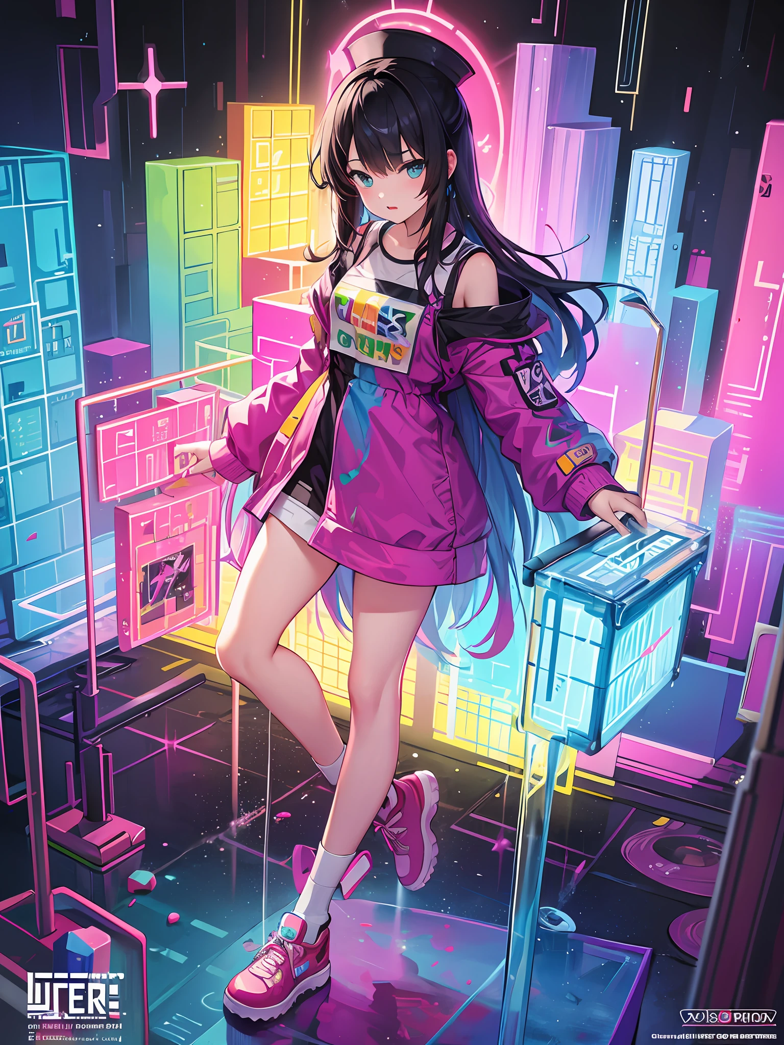 Girl, Colorful, tetris, colorful paint, splash paint, Liquid, fog, vibrant color, matrix, hologram, absurdres, fine detailed, ultra-detailed, highly detailed, intricate, masterpiece, 4k,