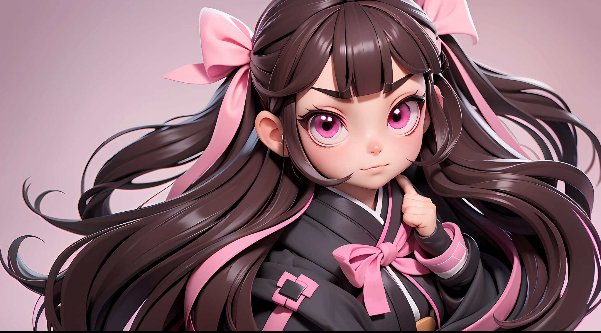 masterpiece,best quality,3dmm style,3d,1girl, solo, kamado nezuko, ribbon, hair ribbon, japanese clothes, gag, long hair, long sleeves, very long hair, standing, bit gag, kimono, black hair, forehead, pink kimono, multicolored hair, white background, bamboo, pink ribbon, chibi, simple background, checkered sash, gagged, sash, pink eyes, mouth hold, brown hair, obi, full body, looking at viewer, open clothes, wide sleeves, sleeves past wrists, bangs, parted bangs, gradient hair, two-tone hair, black jacket, jacket, zouri