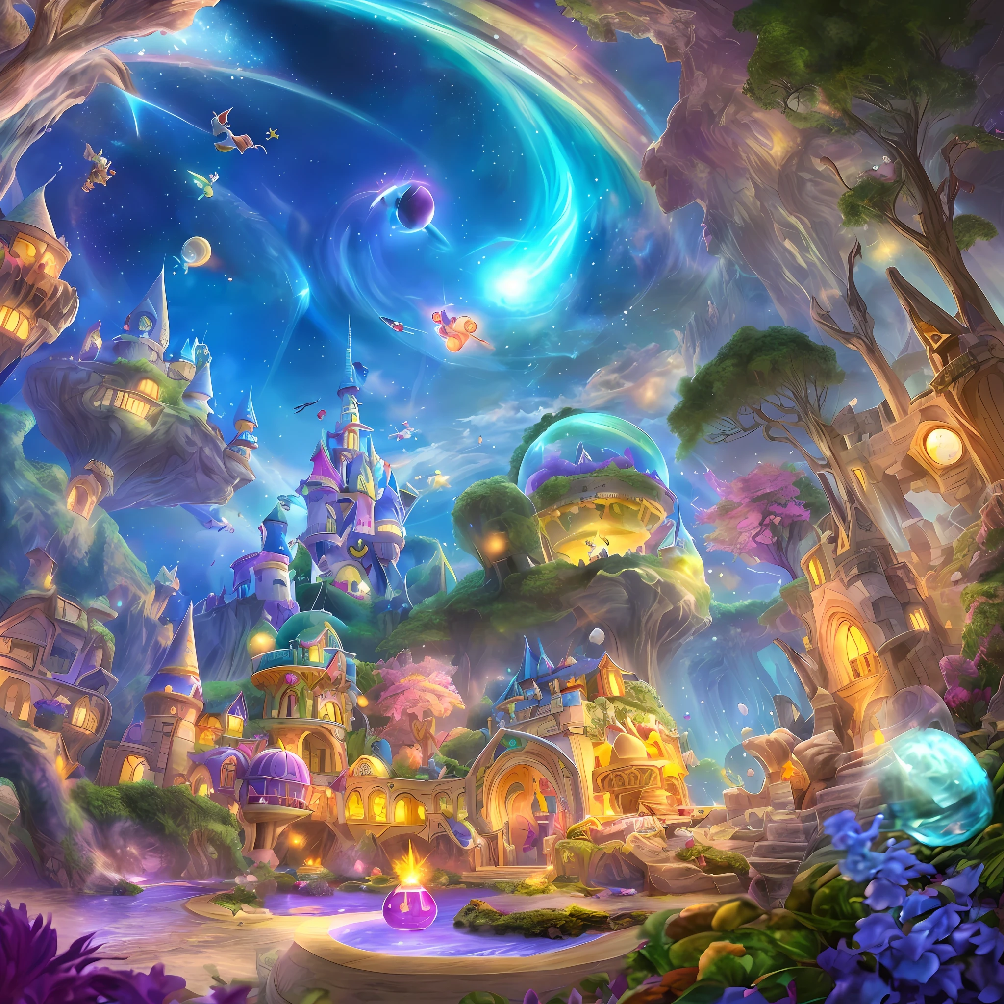 Imagine a magical setting where imagination comes to life – where curious children are taken on incredible adventures and explore a world of colourful dreams. We want to see elements that spark creativity and fun at every point in the image. Fantastic characters, magical animals, surreal landscapes, and enchanted toys can be some of the things you can include. The colors should be vivid and full of energy, conveying the joy of children's imaginations. Think fairies, sand castles, flying pirate ships, or anything that transports kids to a universe of wonders