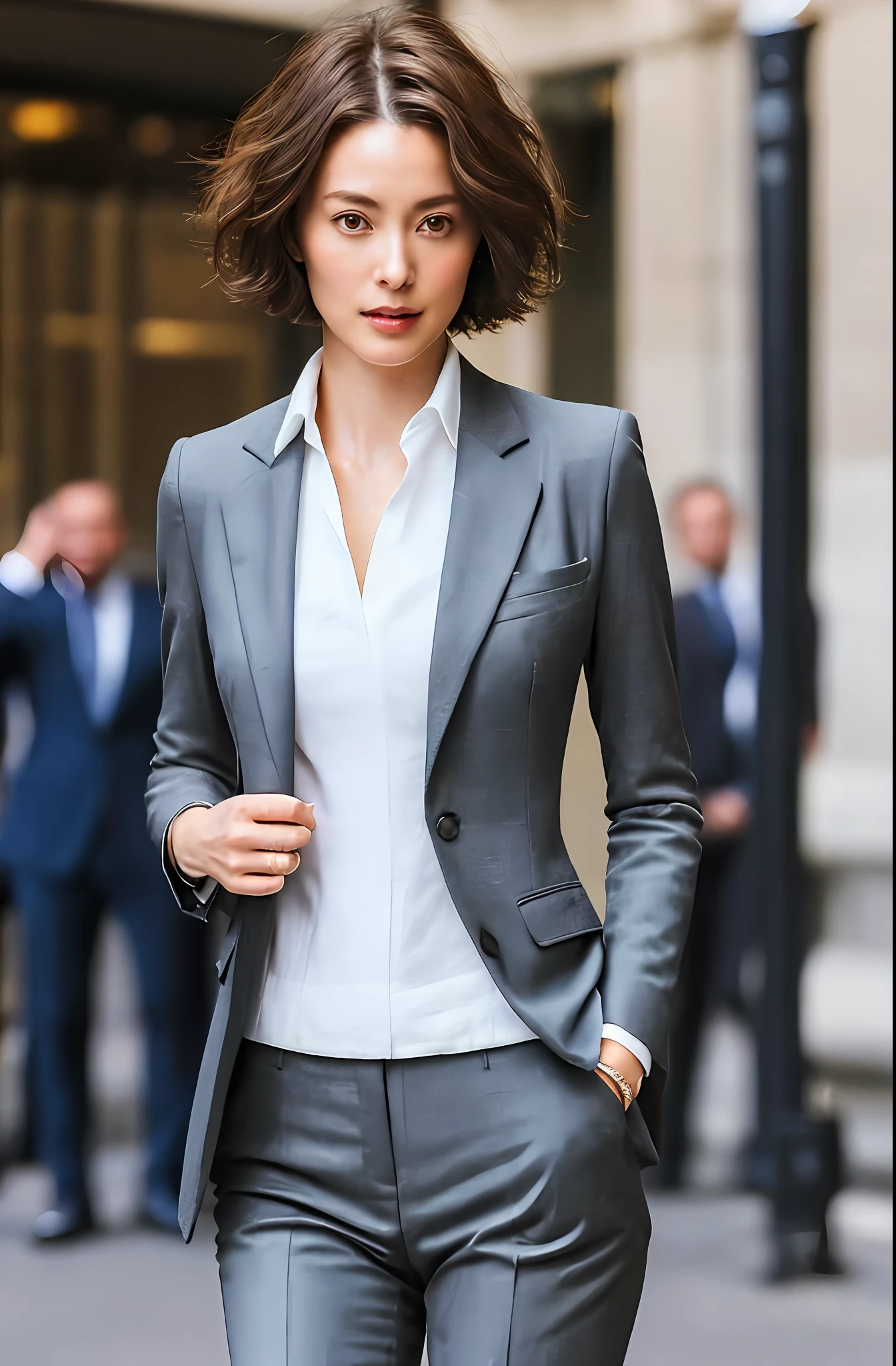 (create a ceo woman wearing a chic and elegant outfit), (Brunette, with the symmetrical face of model), short hair to the shoulders and curly dark brown, stylish and elegant, shaved and strong body adjusted in the suit, show body,, (high quality and realistic image), in the background of the image city of london, cinematic style, ((Best quality, 8k,  Masterpiece).