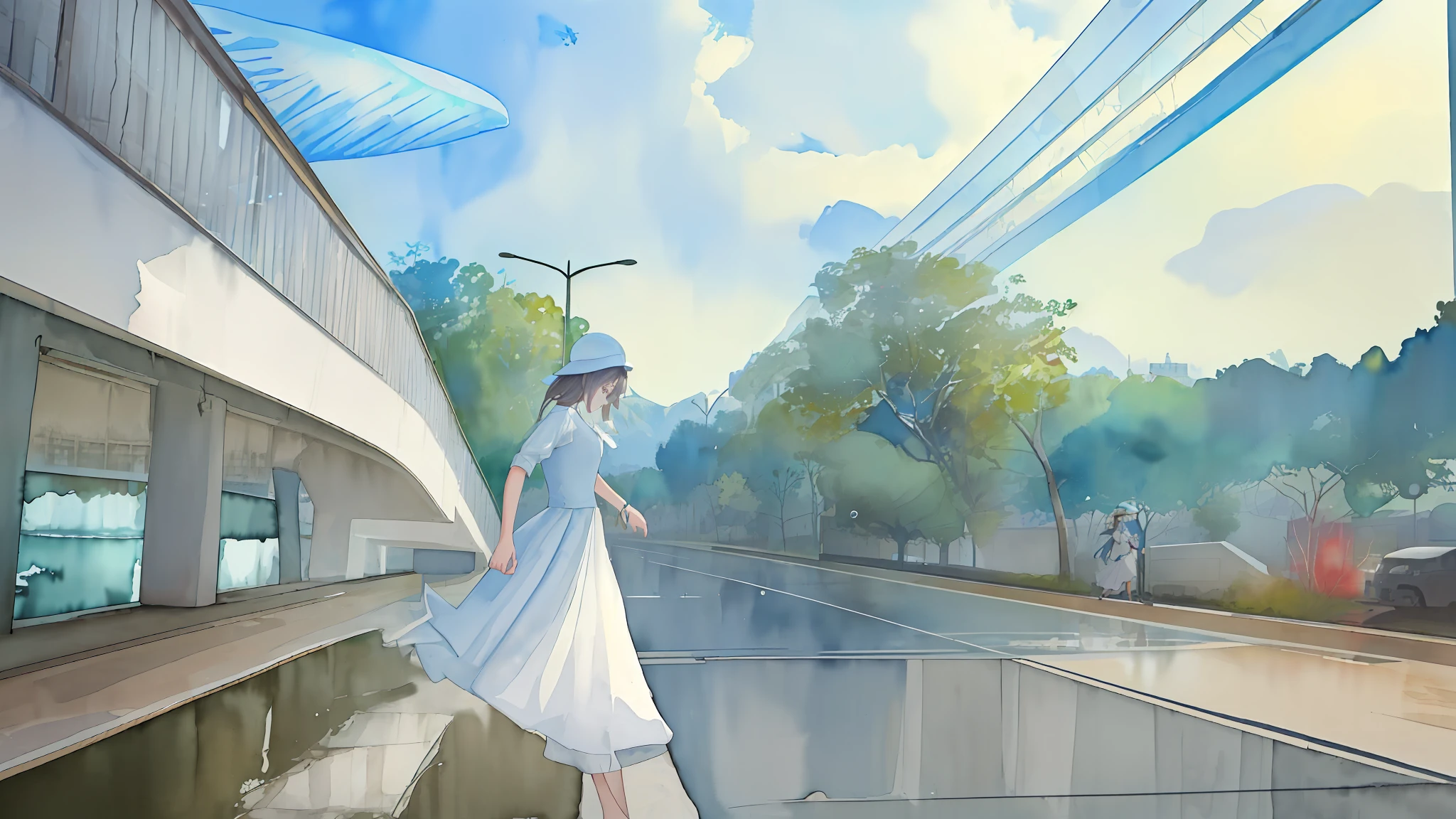 (Best Quality), (Masterpiece: 1.1), (Color: 0.9), (Splash Ink), (Splash Color), ((Watercolor)), Clear and Sharp Focus, ((Girl in White Dress)) Cross the street with a white hat, there is a flyover behind the girl, a lot of greenery on both sides of the road, blue sky, 8k, master work