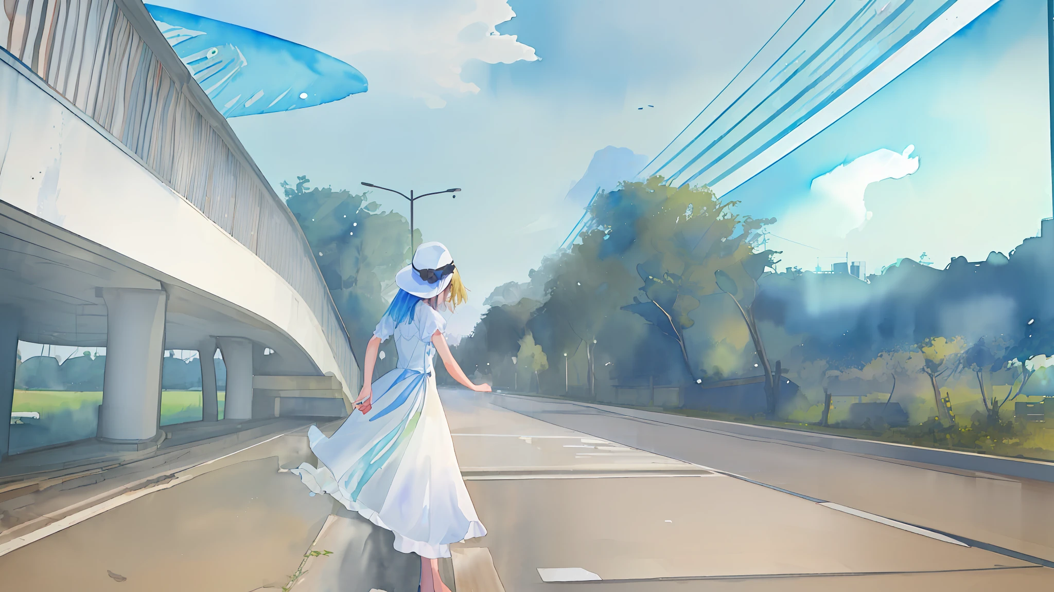 (Best Quality), (Masterpiece: 1.1), (Color: 0.9), (Splash Ink), (Splash Color), ((Watercolor)), Clear and Sharp Focus, ((Girl in White Dress)) Cross the street with a white hat, there is a flyover behind the girl, a lot of greenery on both sides of the road, blue sky, 8k, master work