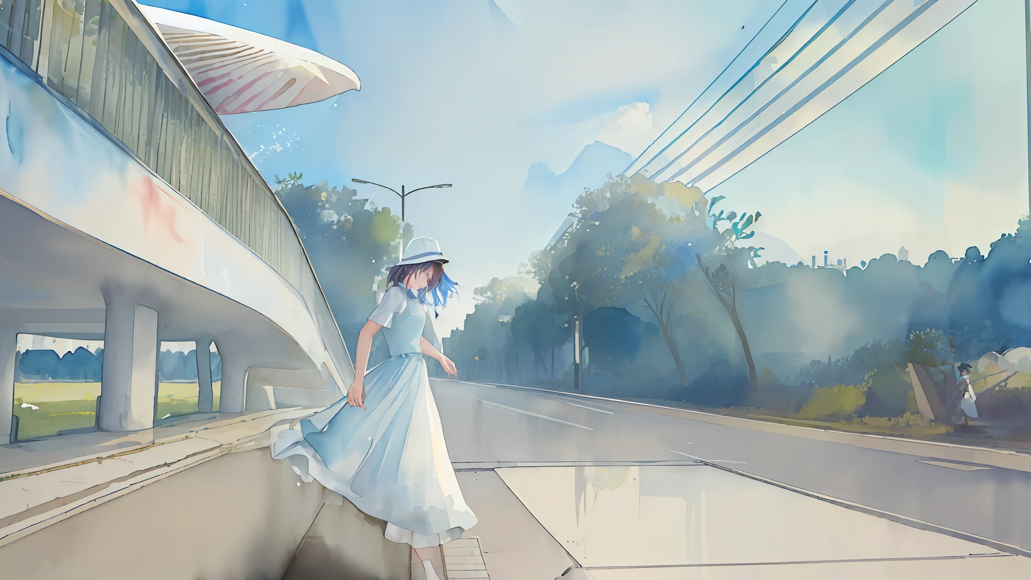 (Best Quality), (Masterpiece: 1.1), (Color: 0.9), (Splash Ink), (Splash Color), ((Watercolor)), Clear and Sharp Focus, ((Girl in White Dress)) Cross the street with a white hat, there is a flyover behind the girl, a lot of greenery on both sides of the road, blue sky, 8k, master work