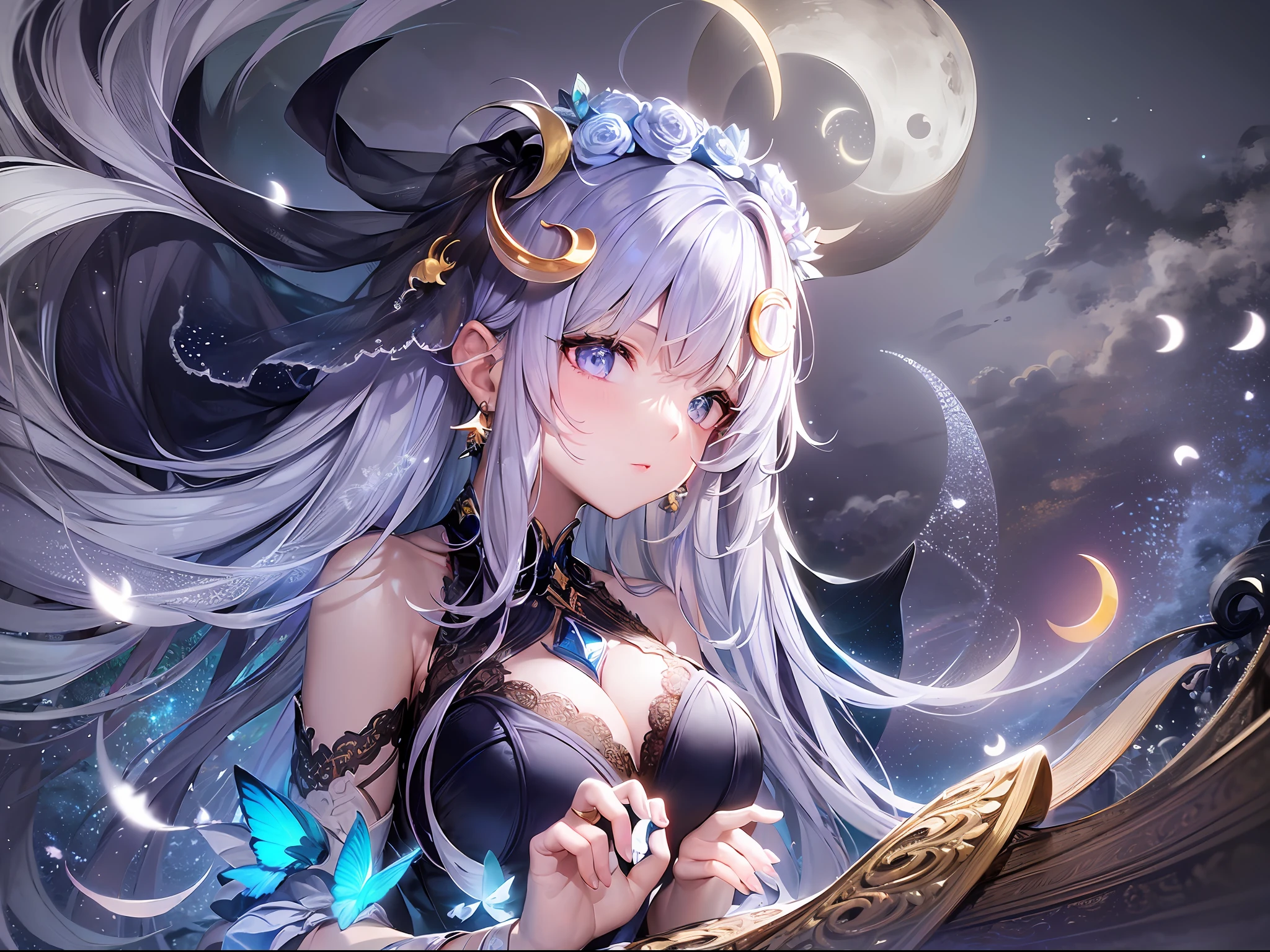 (masterpiece, best quality, extremely detailed CG:1.4, depth of field), 8k, 1girl, silver hair, silver eyes, long hair (hime cut), serious, (crescent moon earrings, crescent hair ornament:1.3), head wreath, dark blue backless dress with white lace, medium breasts, golden arm and ankle bracelets, sitting on miniature silver crescent moon, fantasy, blue magic particles, clouds, blue glowing butterflies, white feathers, moonlight, crescent moon overhead, glowing light, cinematic lighting, atmospheric perspective, perfect hands and fingers