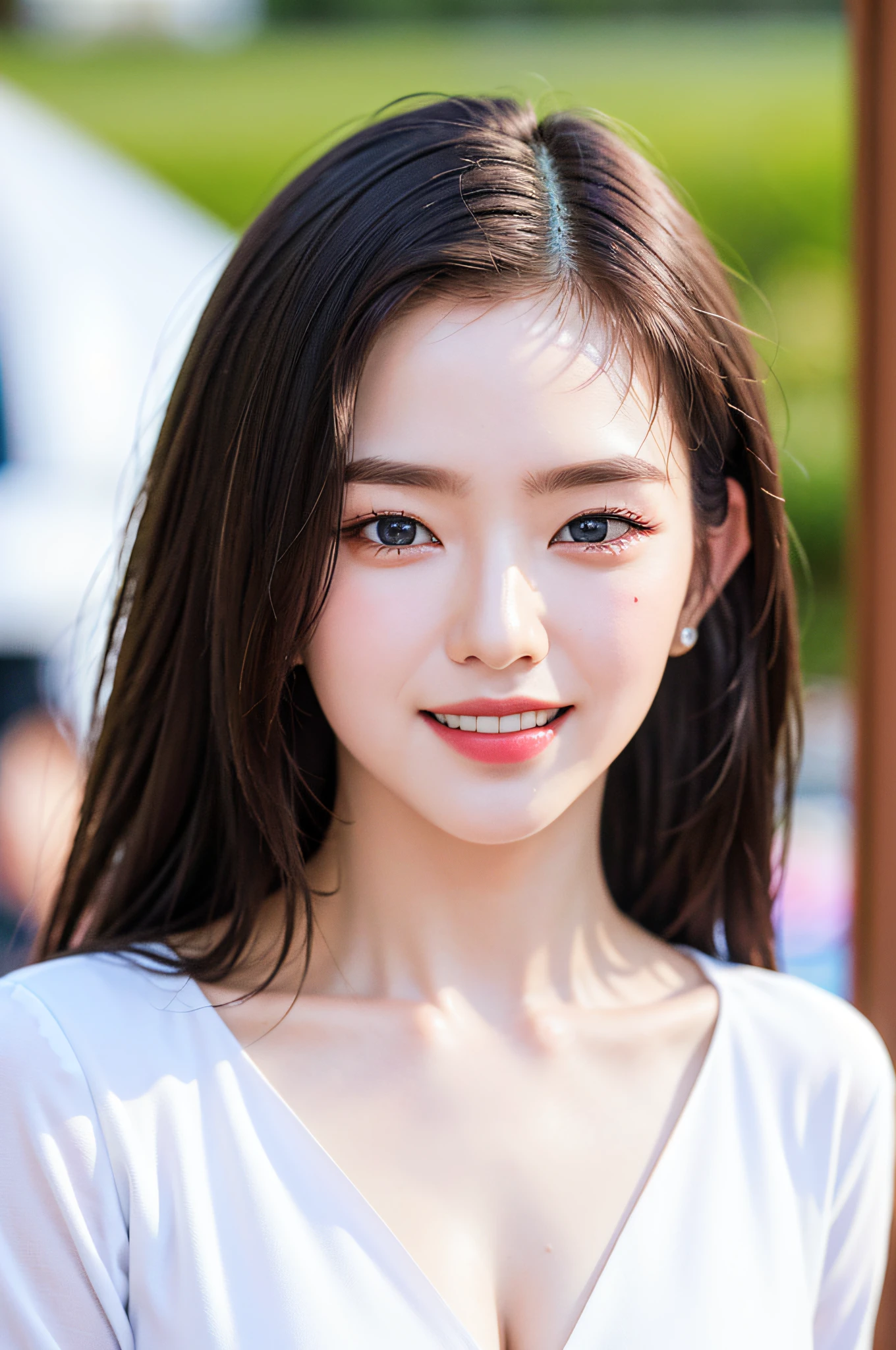 extremely detailed eyes, extremely detailed face, best quality ,masterpiece, extremely detailed, ultra-detailed, (realistic, photo-realistic:1.3), smile, (facing front), looking at viewer, white shirt, sunny day, outdoor, 1girl upperbody