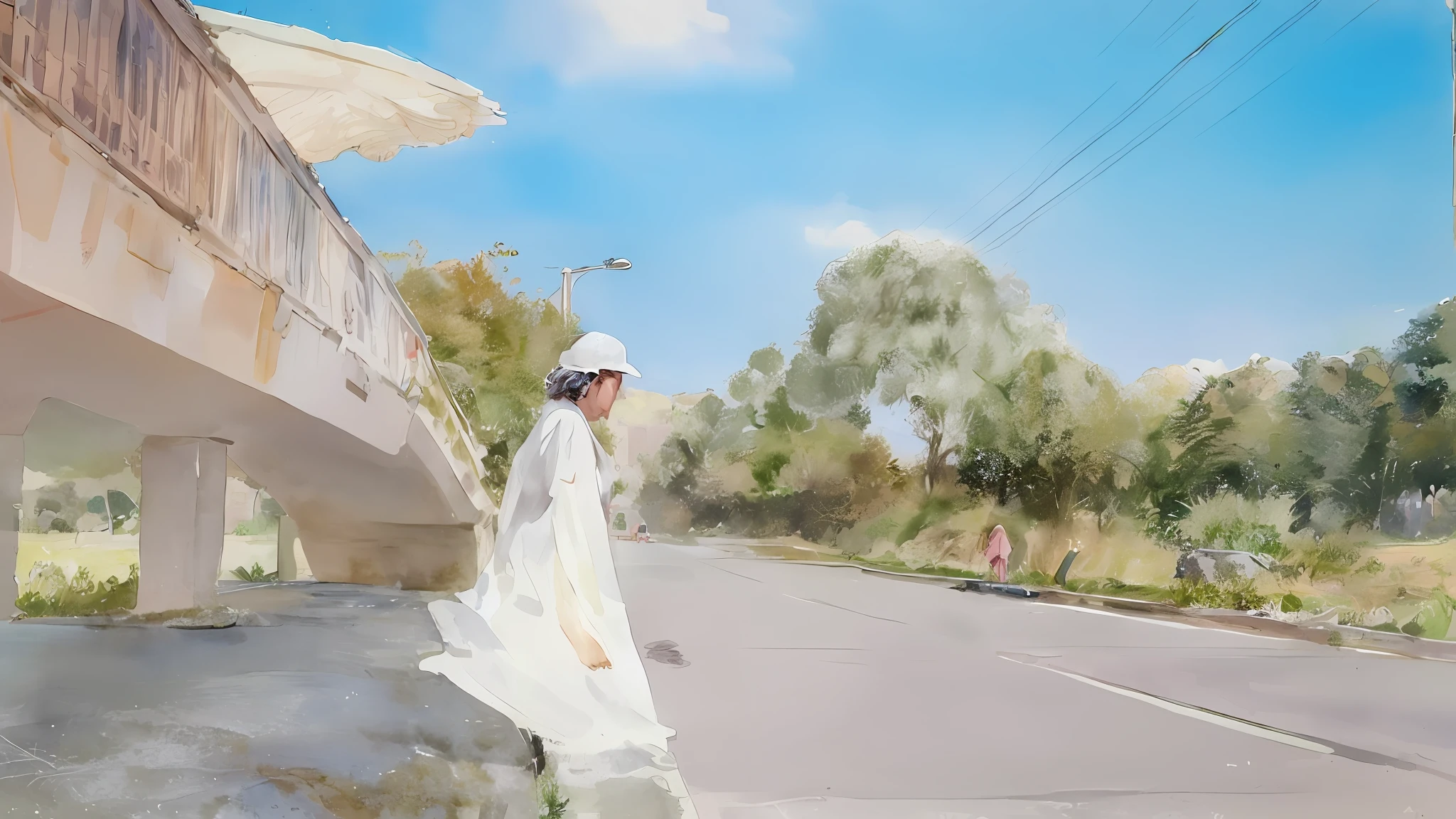 (Best Quality), (Masterpiece: 1.1), (Color: 0.9), (Splash Ink), (Splash Color), ((Watercolor)), Clear and Sharp Focus, Girl in White Dress Crossing the Road with a White Hat, There is a flyover behind the girl, a lot of greenery on both sides of the road, Blue Sky, 8K, Master Works
