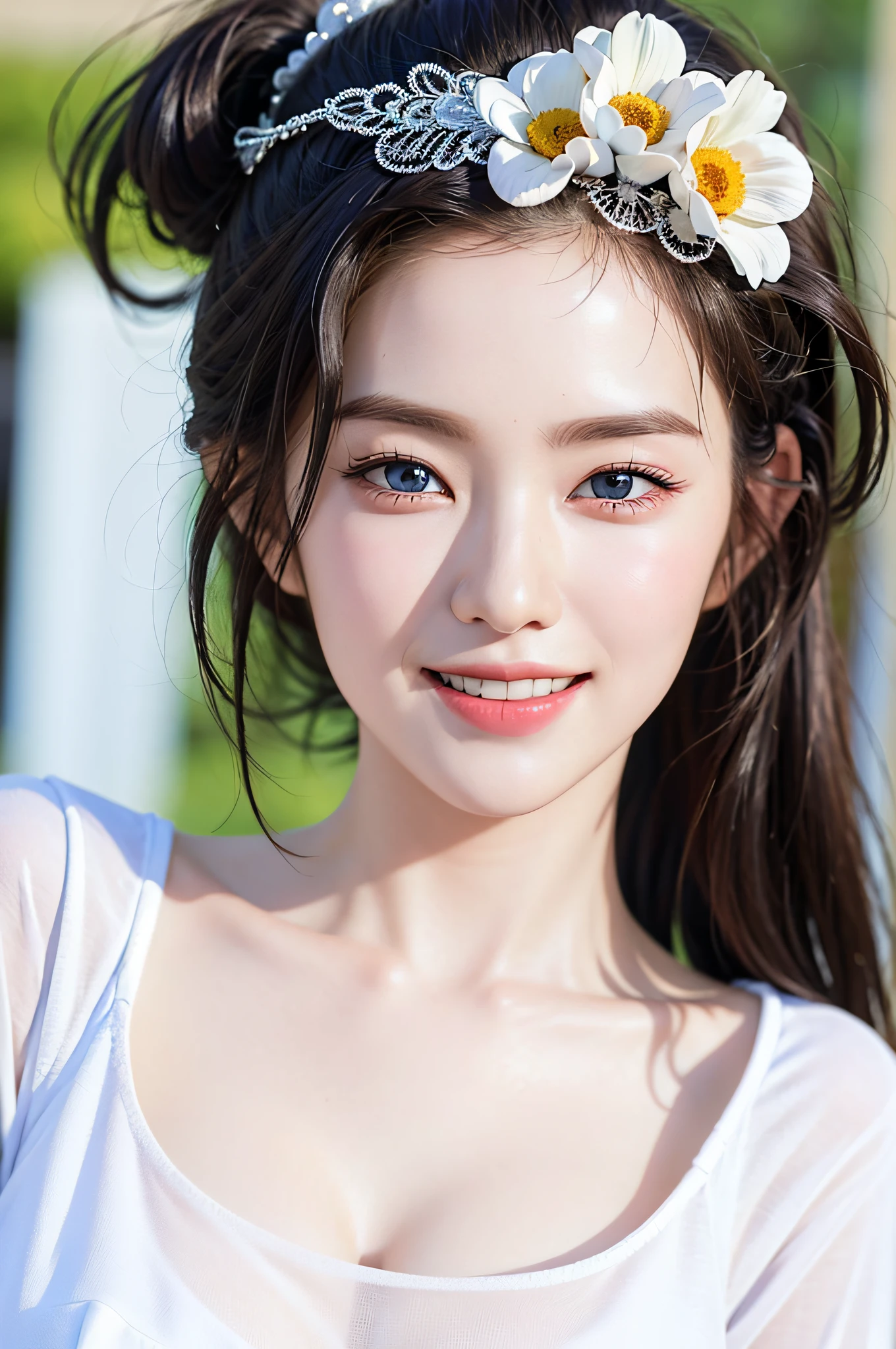 extremely detailed eyes, extremely detailed face, best quality ,masterpiece, extremely detailed, ultra-detailed, (realistic, photo-realistic:1.3), smile, (facing front), looking at viewer, white shirt, sunny day, outdoor, 1girl upperbody
