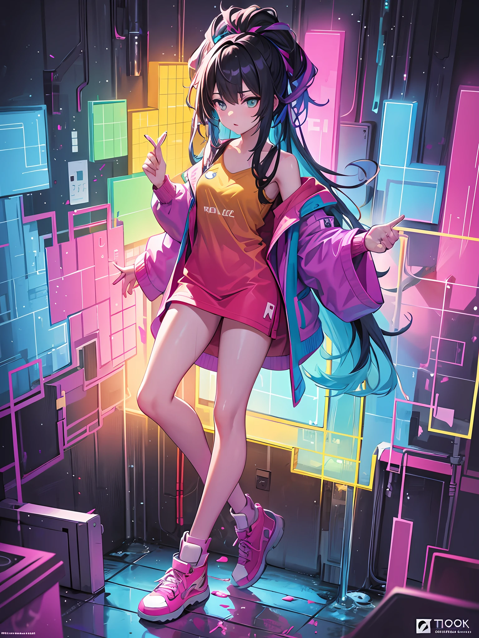 Girl, Colorful, tetris, colorful paint, splash paint, Liquid, fog, vibrant color, matrix, hologram, absurdres, fine detailed, ultra-detailed, highly detailed, intricate, masterpiece, 4k,