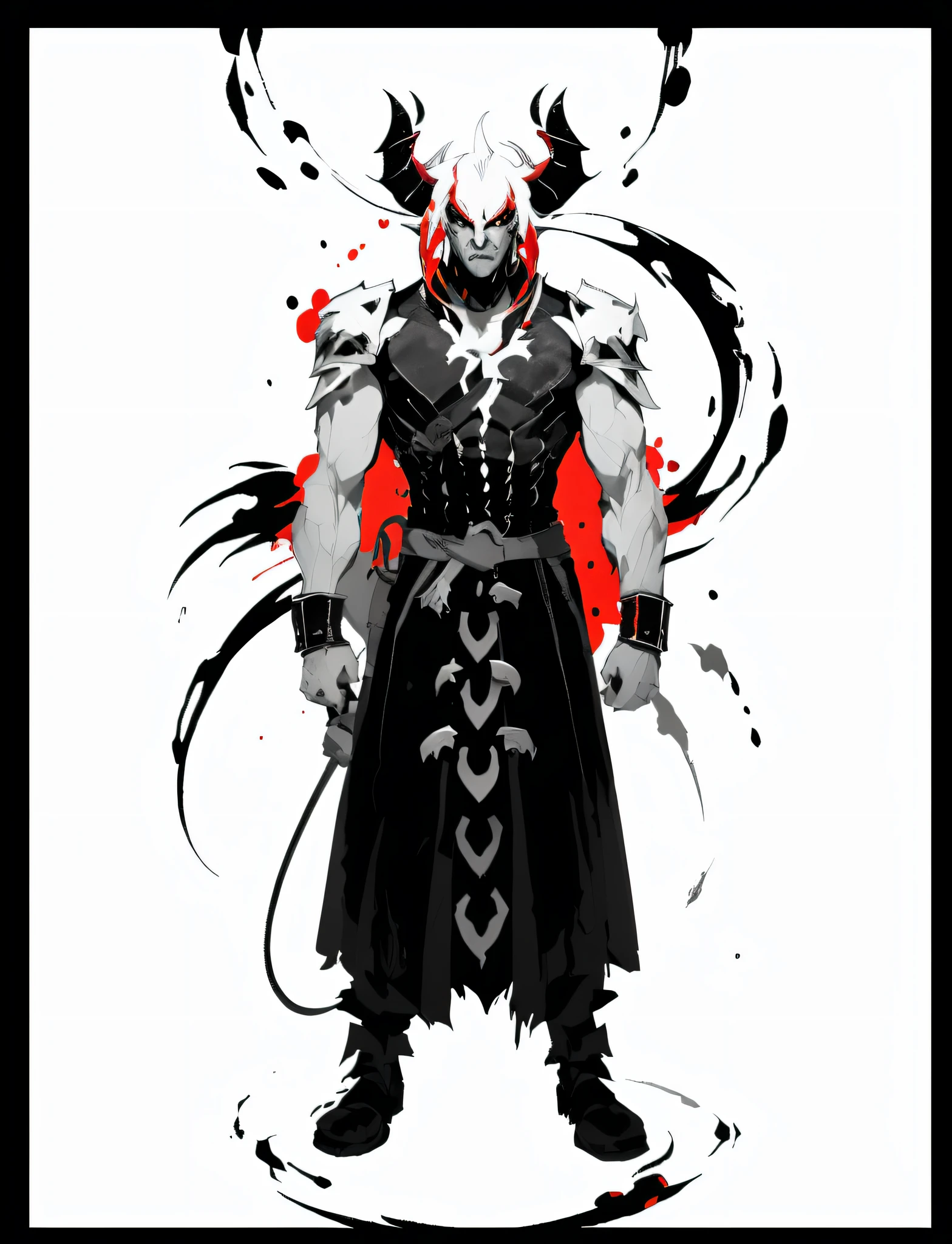 a close up of a person with a sword and a blood splatter, fit male demon with white horns, demon noble character design, benedick bana, style of duelyst, demon male, dark high-contrast concept art, guilty gear art style, djinn man male demon, symmetry!! portrait of akuma, human male demon, demon soul concept art