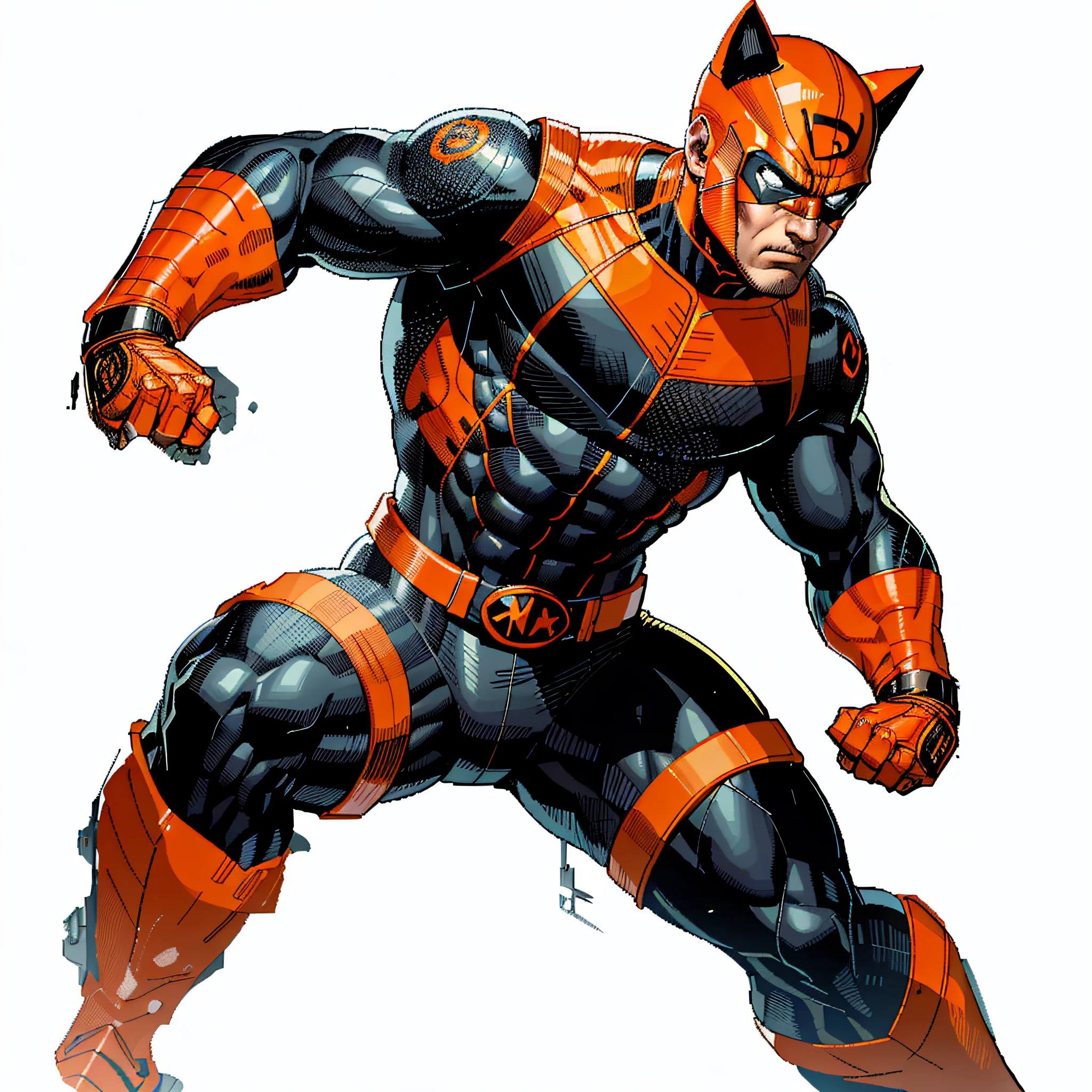 a close up of a man in a costume with orange and black colors, textless, daredevil, comic book character, clay wilson, orange body, caracal cyborg, hero, jason fabok. greg staples, nite - owl, superhero with a cat head, jason fabok, valiant, marvel comic book characters, inspired by Ryan Stegman, orange and black