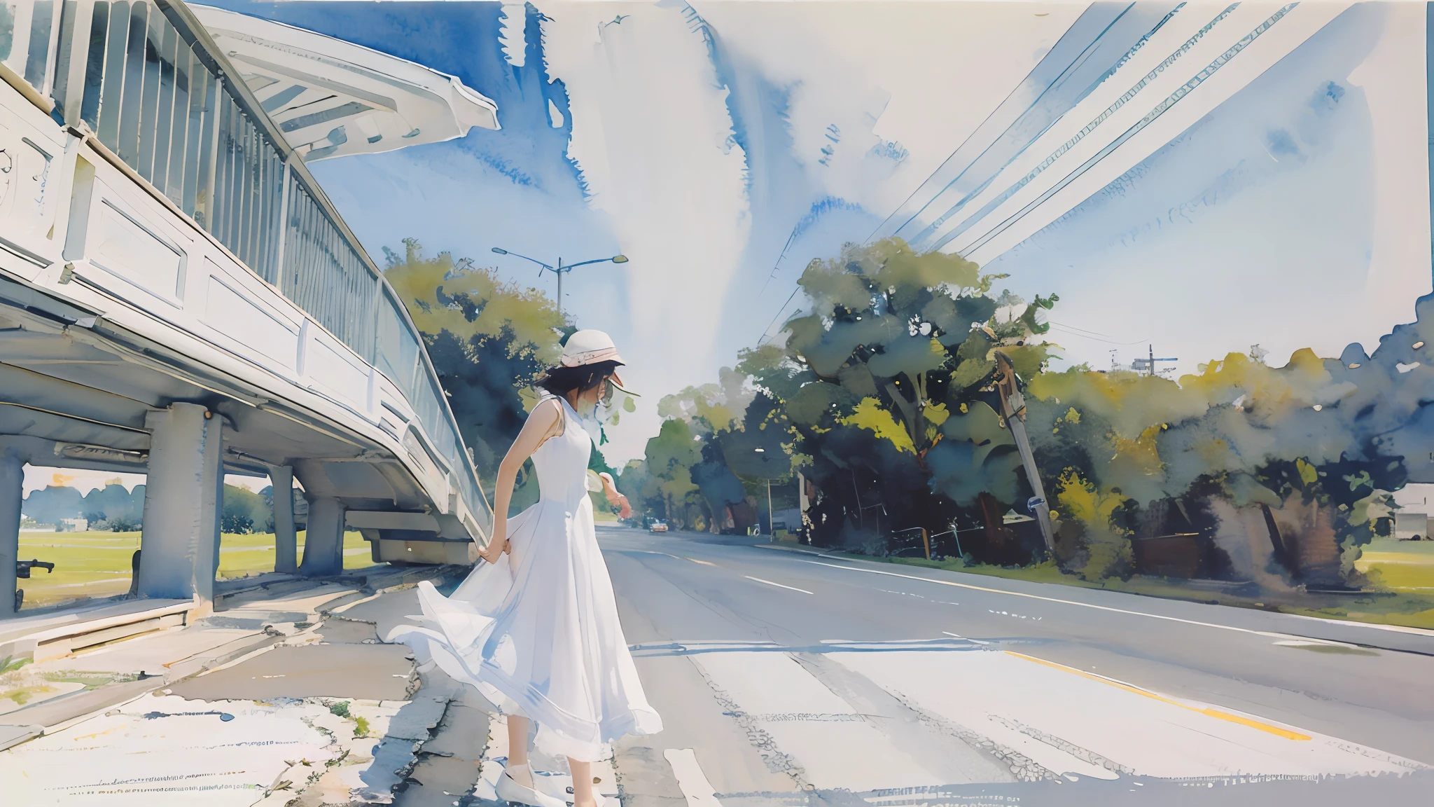 (Best Quality), (Masterpiece: 1.1), (Color: 0.9), (Splash Ink), (Splash Color), ((Watercolor)), Clear and Sharp Focus, ((Girl in White Dress)) Cross the street with a white hat, there is a flyover behind the girl, a lot of greenery on both sides of the road, blue sky, 8k, master work