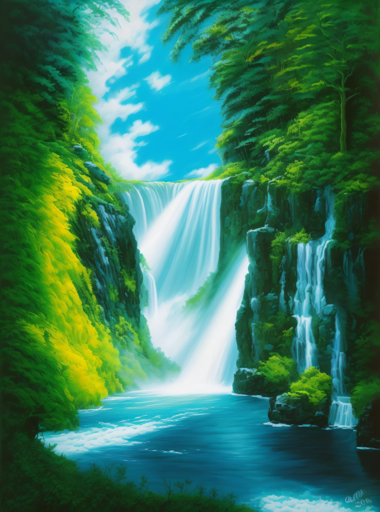 Painting of a waterfall with a blue sky and a green field, bioluminescent waterfall, fantasy oil canvas, galactic waterfalls, alien waterfall, acrylic fantasy on canvas, with waterfalls, forest and waterfall, oil painting on canvas, waterfalls, sky on earth, (waterfall), luminescent oil painting, waterfall, mystical oil on linen, fantasy oil painting, immense waterfall, Painting of a blue waterfall of Prussia in the background super realistic, soon escapes the feet of the fall of the water, on the sides ravine wet by the local humidity, with ferns all over the ravine, water in shades of blue and green, red flowers, white blues and yellow in the ravines, just ahead in the foreground small branches of dry trees and lots of grass