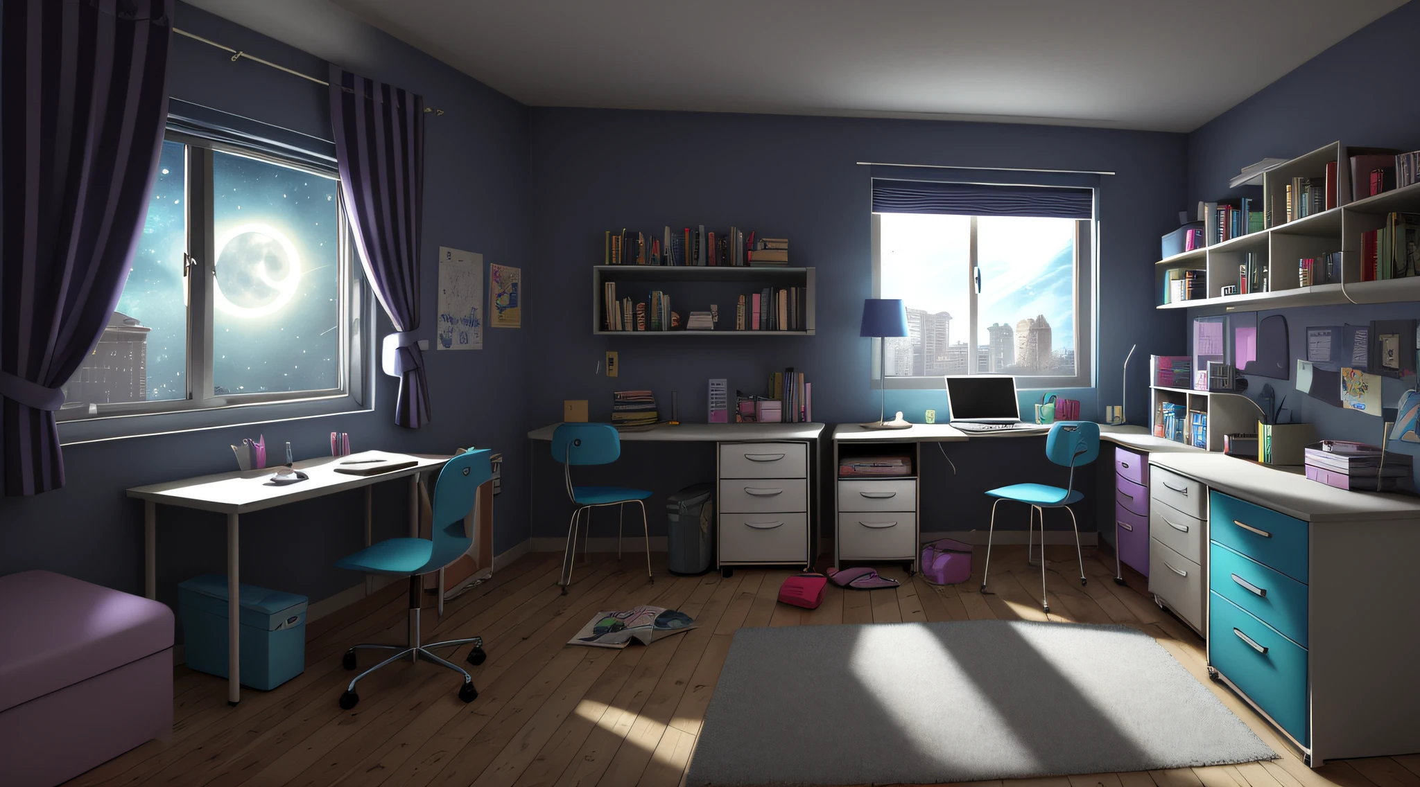 Create a cartoon image of a slightly messy  girl's room with a desk, computer, and book on top. The room must have a dark atmosphere. Include a slightly messy bed and a window with moonlight in the background, the image needs to be diagonal, the window cannot have sunlight