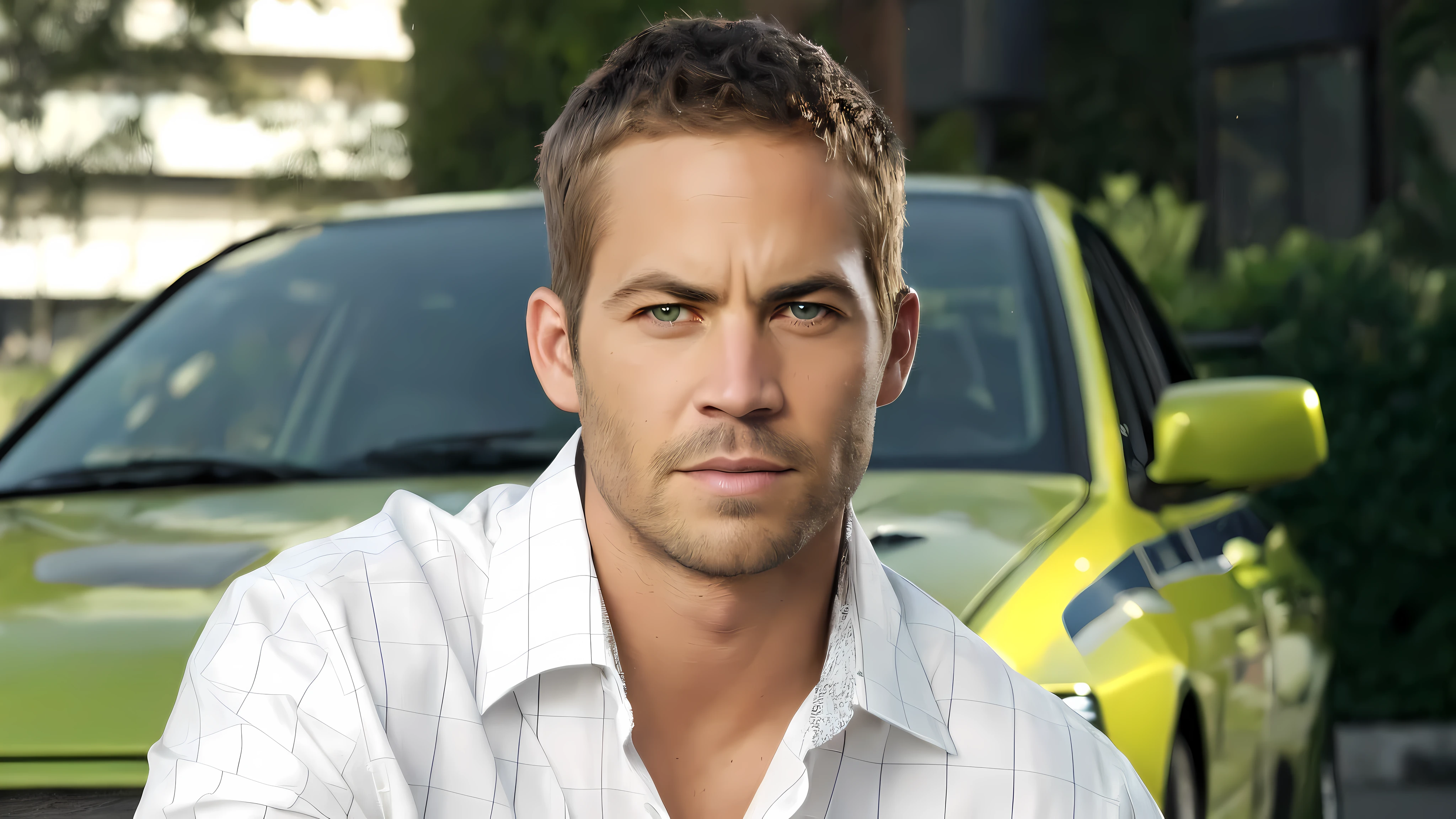 arafed man sitting in front of a green car in a city, paul walker, hq, dominic toretto, handsome man, inspiring, intense smoldering, adam, fan art, rip, hero, fast and furious, hd shot, sideways glance, hq ”, beautiful man, cr3, wonderful scene, attractive man, promo still, october, fast & furious