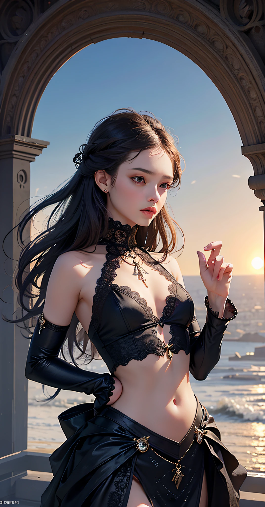 petite girl, belly button dress, official art, Unity 8k wallpaper, super detailed, beautiful, beautiful, masterpiece, top quality, light, atmosphere, twilight, romanticism, awe, literature, art, fashion, victorian, decoration, complexity, ironwork, lace, contemplation, emotional depth, supernatural, one girl, solo, neck, small breasts