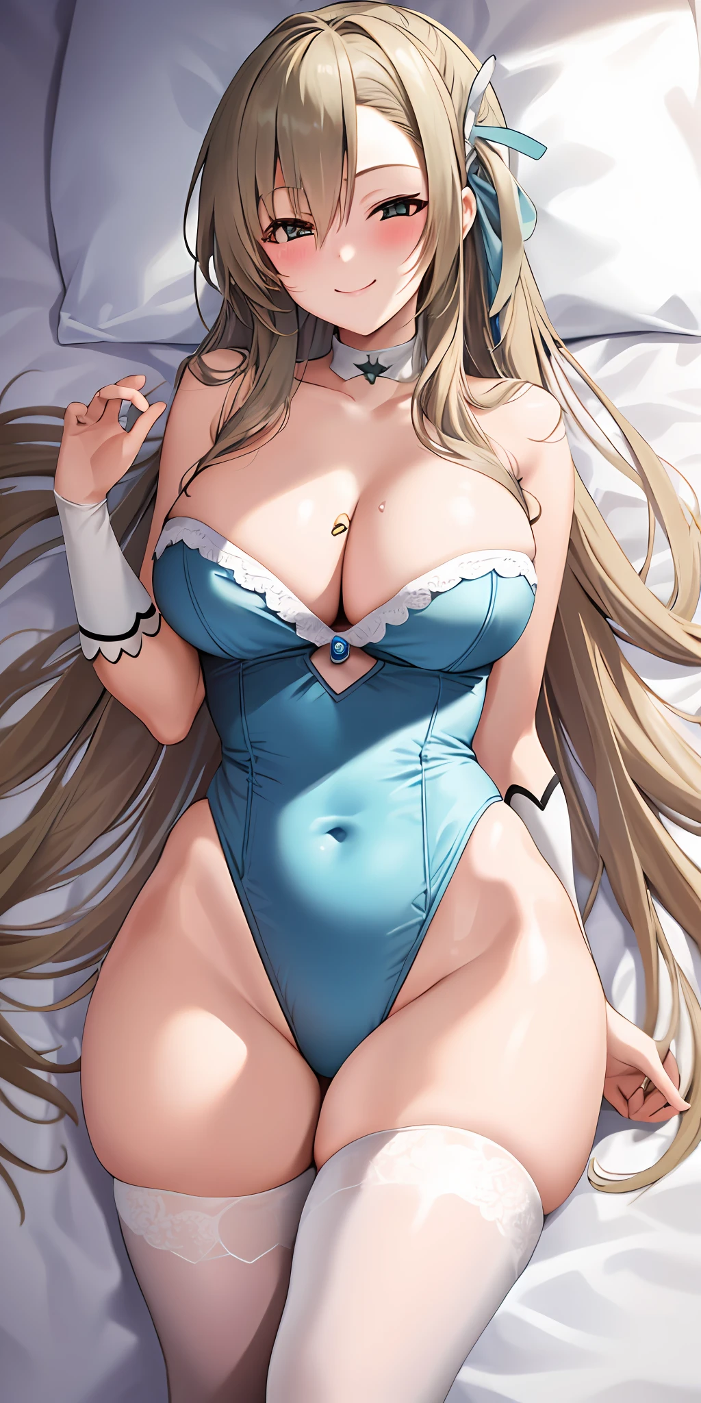 1girl, solo, asuna, long hair, large breasts, cleavage, bunnysuit, thighs, smiling, lying on bed, (blushing:1.3), (from above view)