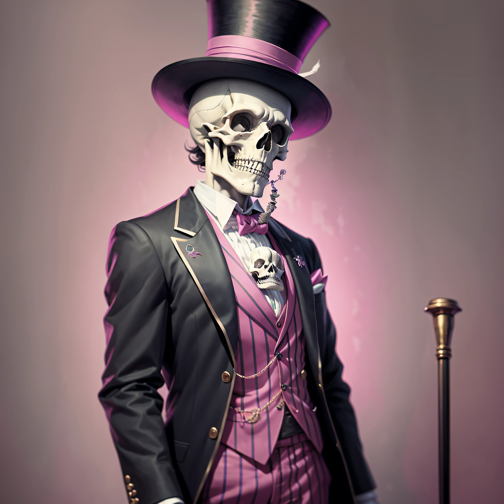 a skeleton, in a top hat and a pink suit, holding a fancy cane with a bowling ball on the end, --auto --s2
