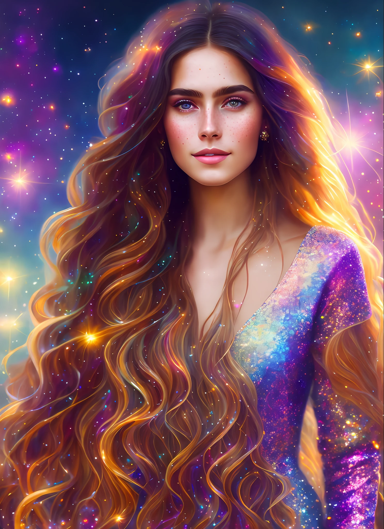 photorealistic painting ((full body)) portrait of ((stunningly attractive)) a woman at a music festival, ((perfect feminine face)), (+long colorful wavy hair), (+glitter freckles), glitter, wearing a dress, intricate, 8k, highly detailed, volumetric lighting, digital painting, intense, sharp focus, art by artgerm and rutkowski and alphonse mucha, cgsociety