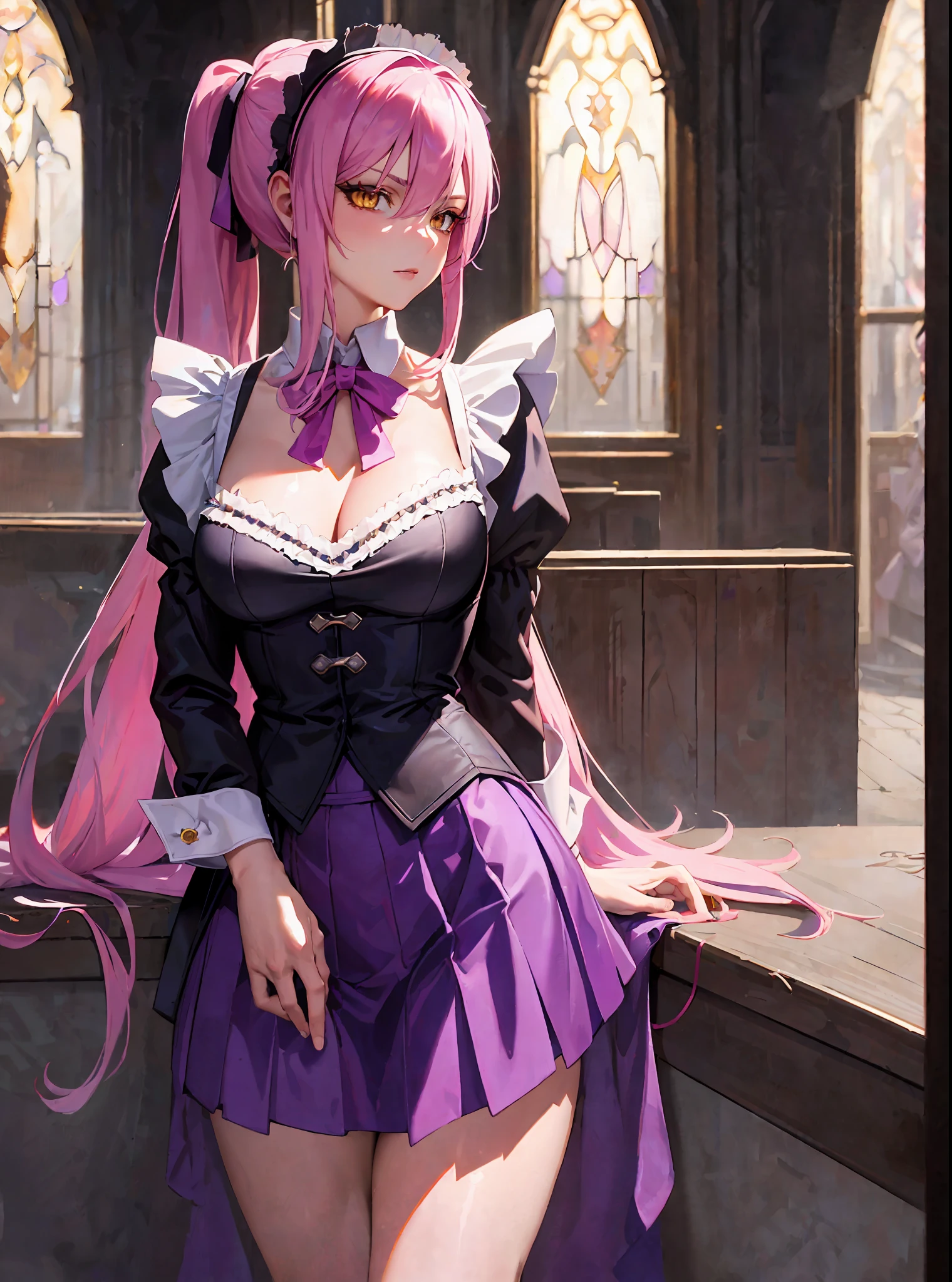 (masterpiece, best quality) an adult woman with very long pink hair, ((purple clothes)), ((maid suit)), ponytail, (night), long stockings, , ((sexy)), salon, ((standing)) queen, ((short skirt)), only one character, yellow eyes, serious, emotionless, dusk, seductive, white, straight bangs, very long pink hair, ((alone)), evil, (yellow eyes), flirtatious, gothic, window, moonlight,  medium chest, head-to-waist portrait, cinematics, (solo), color oil painting, cinematic lighting, extremely detailed face, finely detailed face, beautiful face, beautiful eyes, perfect lighting, depth of field, (realistic proportions), (good anatomy)