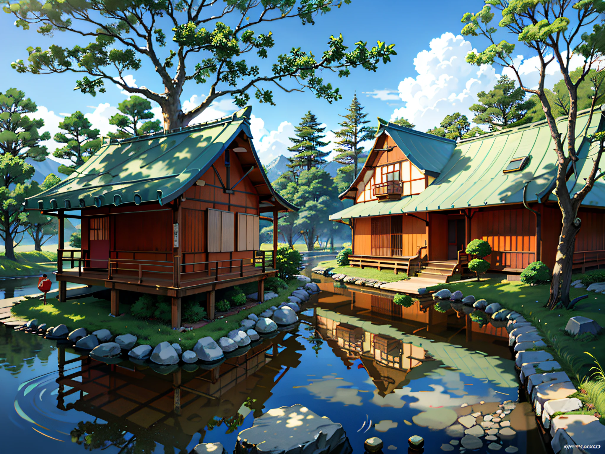 (Japanese town Landscape), (Hayao Miyazaki Style), cartoon, japanese townhouse, (rarely house), road, bend, small house, tree, pole, white cloud, calm landscape, outdoor, green trees, epic composition, realistic lighting, high-definition detail, masterpiece, the best quality, (very detailed CG unified 8k wallpaper), --v6
