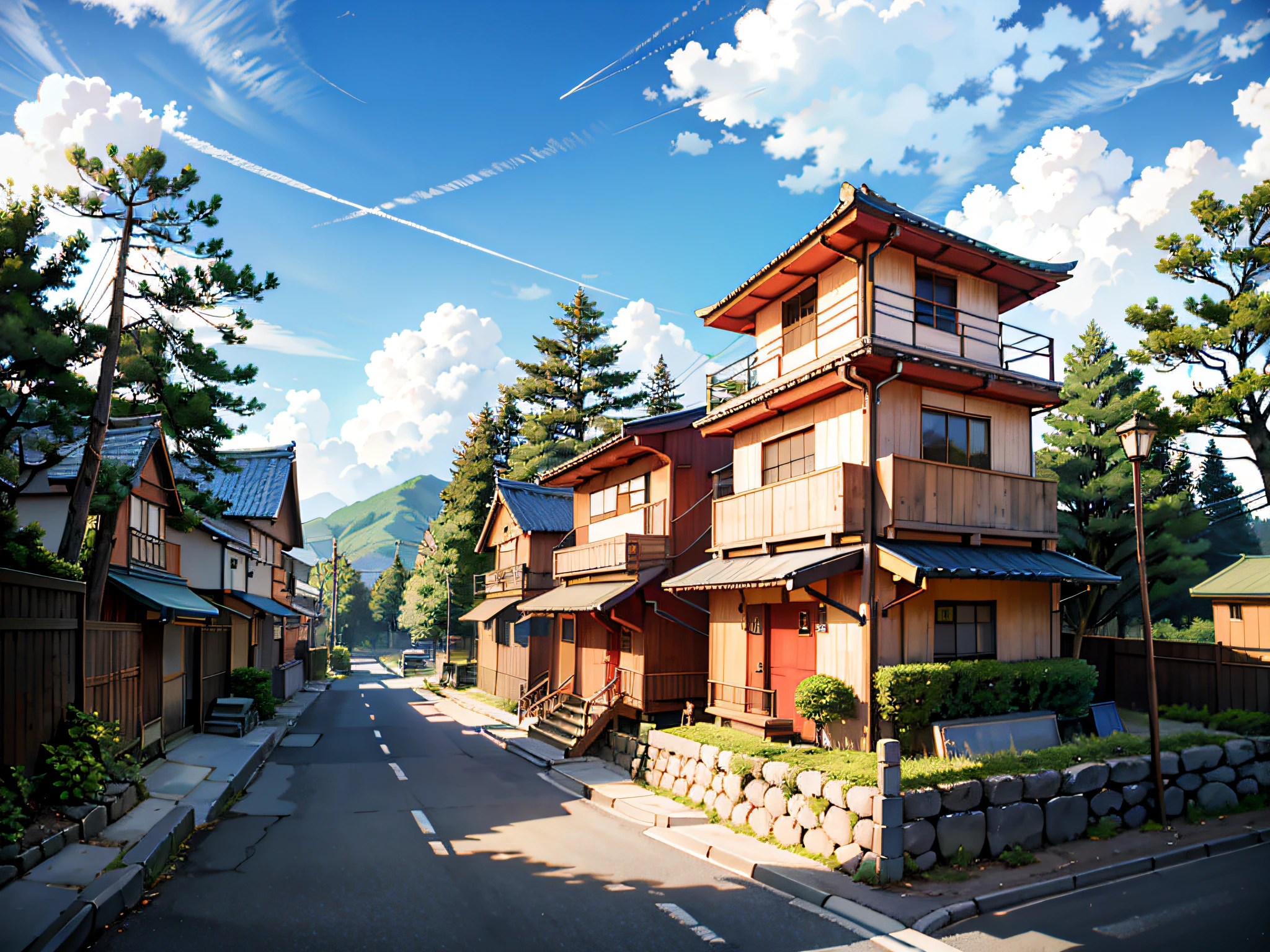 (Japanese town Landscape), (Hayao Miyazaki Style), cartoon, japanese townhouse, (rarely house), road, bend, small house, tree, pole, white cloud, calm landscape, outdoor, green trees, epic composition, realistic lighting, high-definition detail, masterpiece, the best quality, (very detailed CG unified 8k wallpaper), --v6