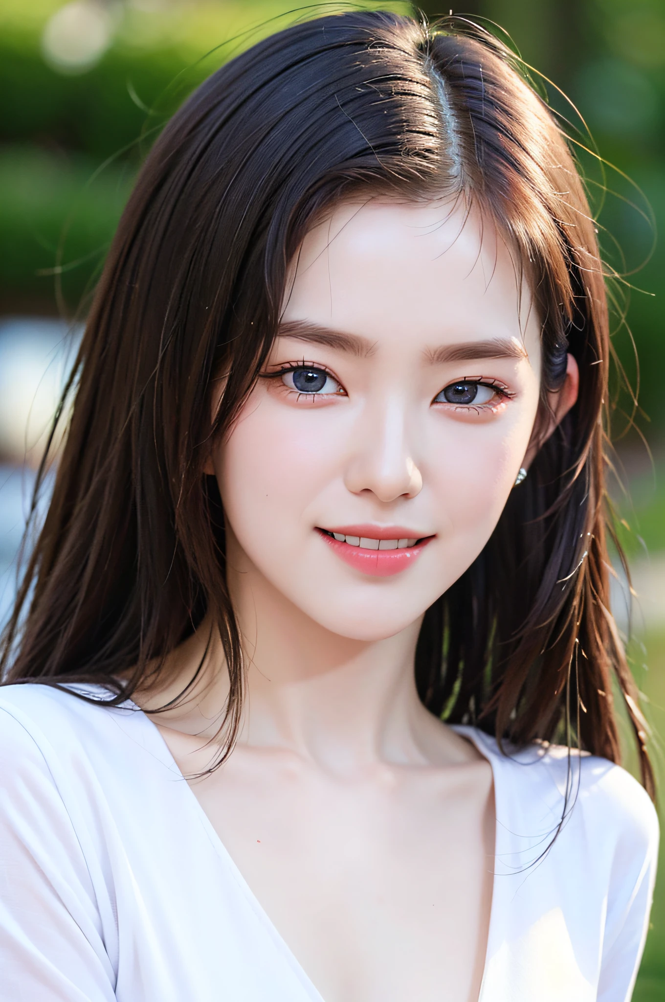 extremely detailed eyes, extremely detailed face, best quality ,masterpiece, extremely detailed, ultra-detailed, (realistic, photo-realistic:1.3), smile, (facing front), looking at viewer, white shirt, sunny day, outdoor, 1girl upperbody