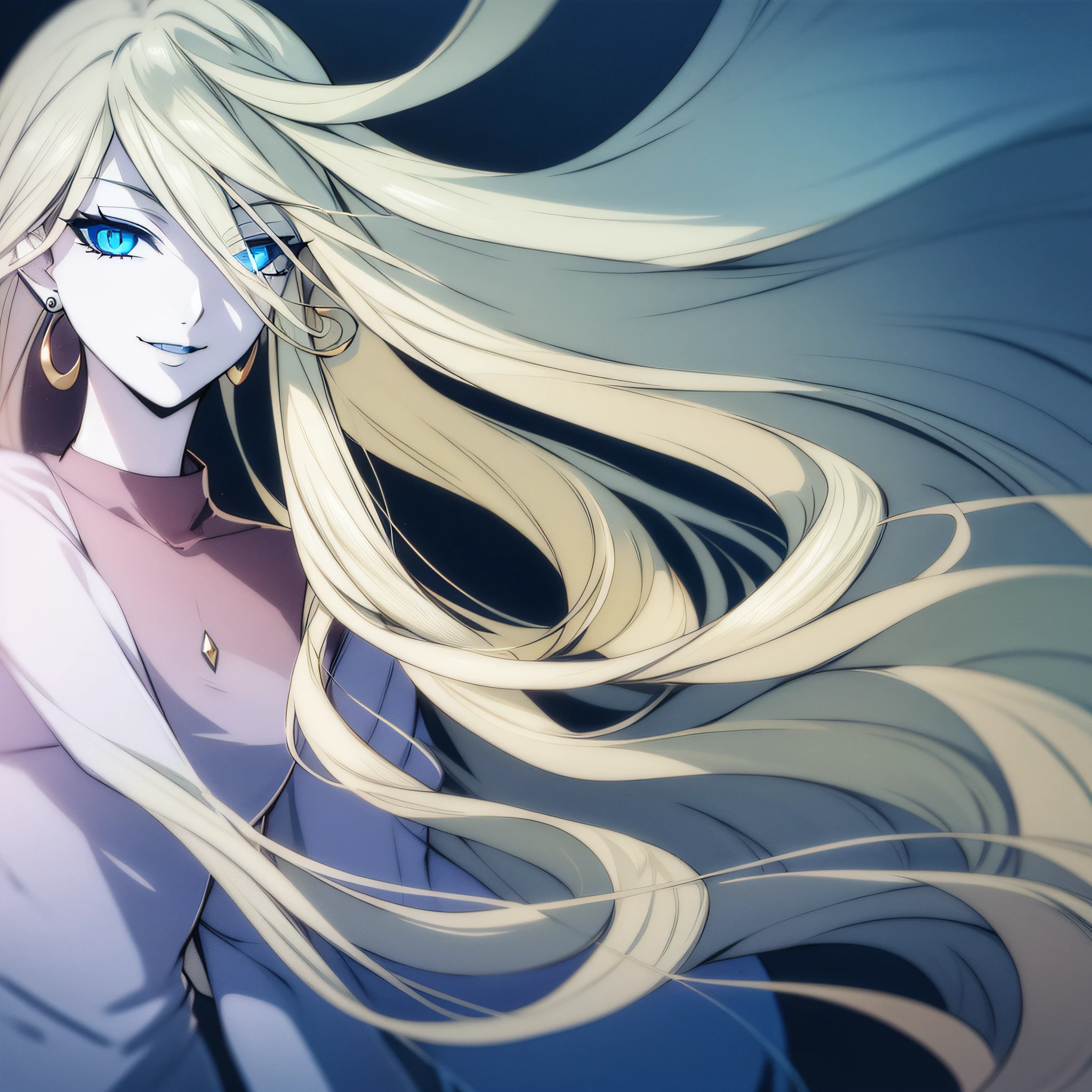 Adult woman, long blond hair blowing in the wind, light makeup, smiling, quiet expression, wearing elegant blue clothes, light blue eyes, black lipstick, eye shadow, black pearl earrings, anime style, solo