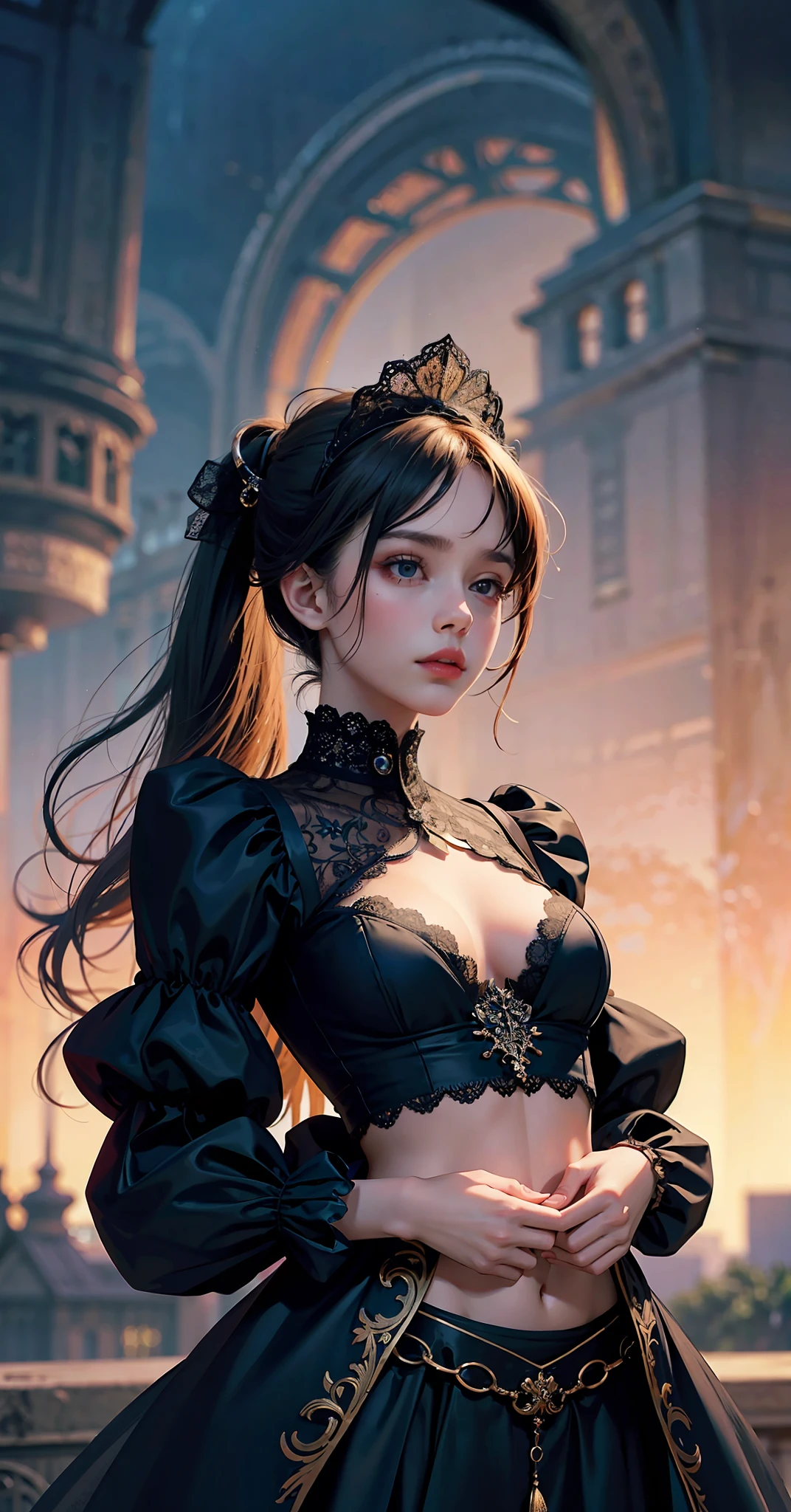 petite girl, belly button dress, official art, Unity 8k wallpaper, super detailed, beautiful, beautiful, masterpiece, top quality, light, atmosphere, twilight, romanticism, awe, literature, art, fashion, victorian, decoration, complexity, ironwork, lace, contemplation, emotional depth, supernatural, one girl, solo, neck, small breasts