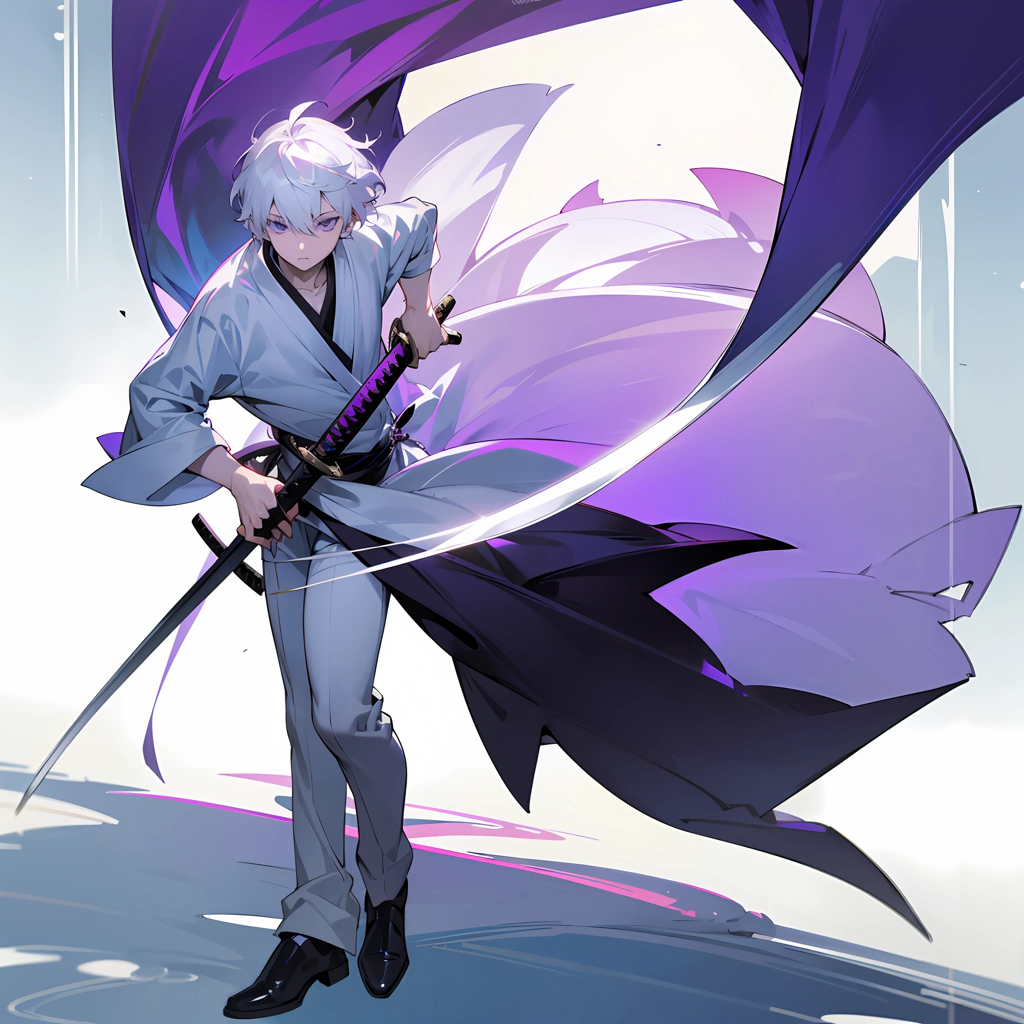 white skin, ultra beautiful face, following a katana, sword, ambient light, pessonage, full body, anime, boy with short hair, silver white, purple eyes, beautiful eyes, shy, Maximum quality.