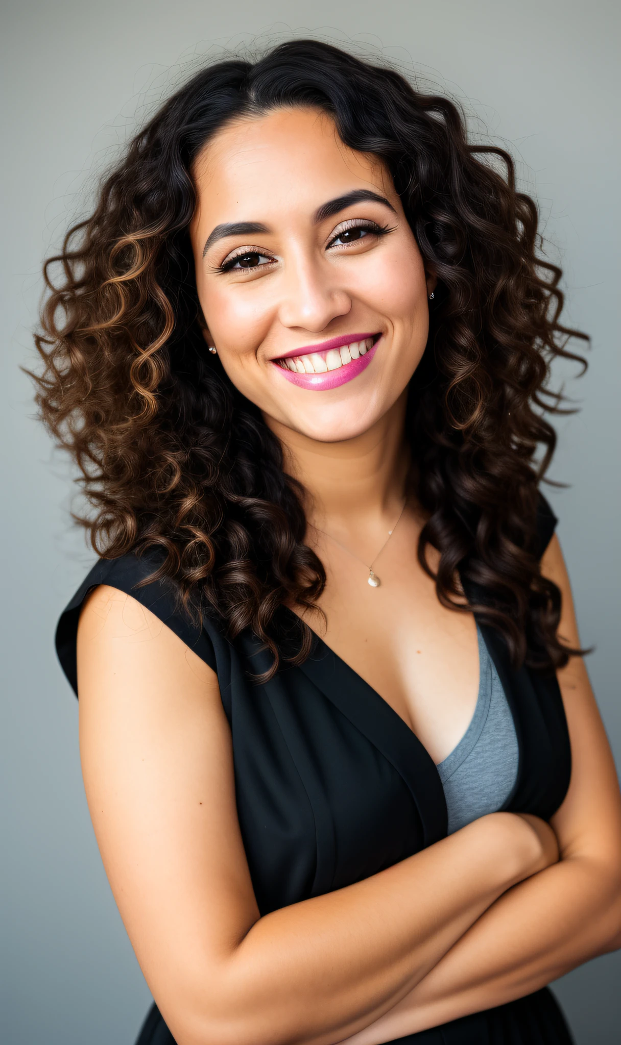 color photo of a 32-year-old woman ,in black clothes, social clothing, curly hair, face, ((smiling)), half body, body, highly detailed skin, skin pores, transparent background, 8k uhd, Dslr, soft lighting, high quality, film grain, Fujifilm XT3