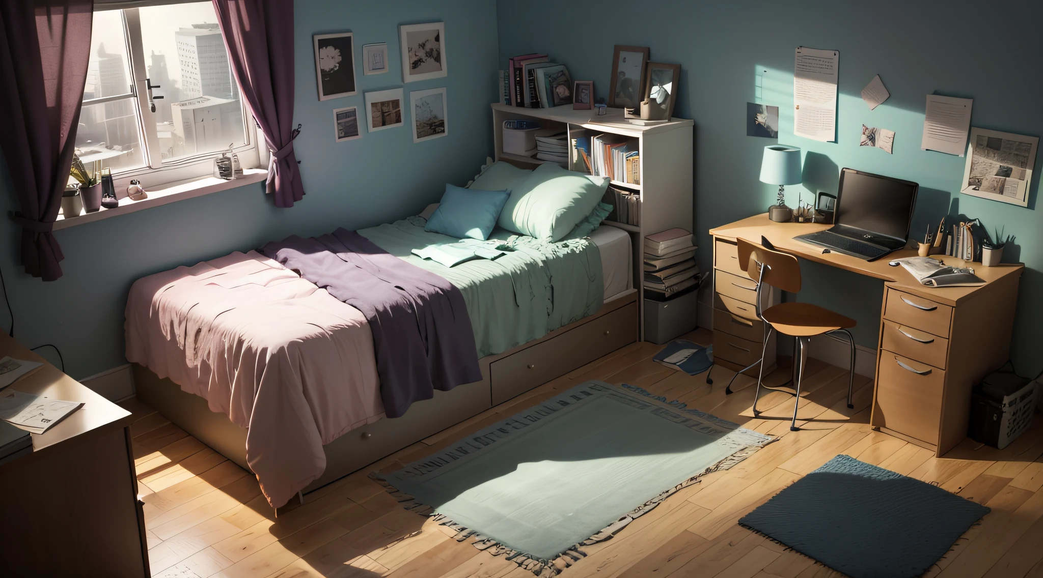 Create a cartoon image of a slightly messy teenage girl's room with a desk, computer, and book on top. The room must have a dark atmosphere. Include a slightly messy bed and a window with moonlight in the background, the image needs to be on the side, the window cannot have sunlight