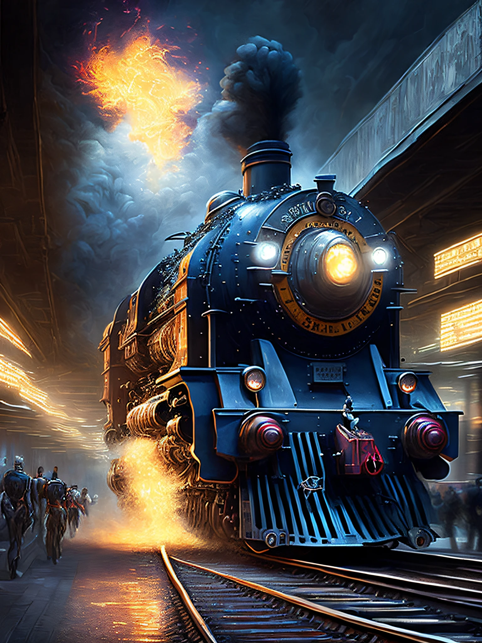 A painting of a boss muscle train passing through the station, (masterpiece, best quality), particle effects, epic explosion background, vivid, HDR, nocturnal, very detailed, (shaded cell: 1.2), ray tracing, no matter if it's an inch or a quarter mile