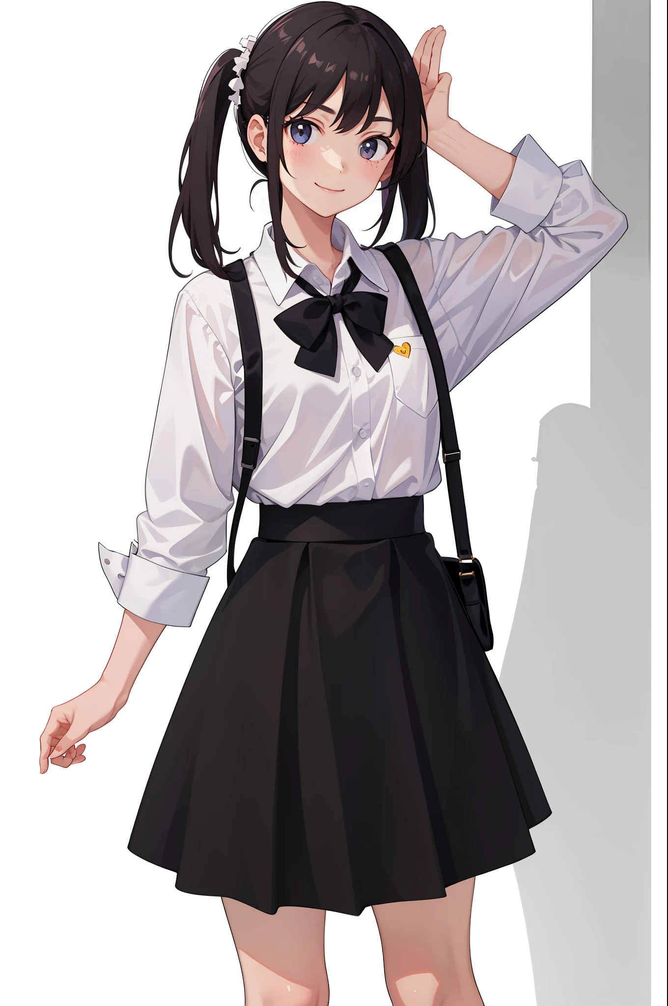 1 girl, smile, shirt, skirt, (small) chiralism,