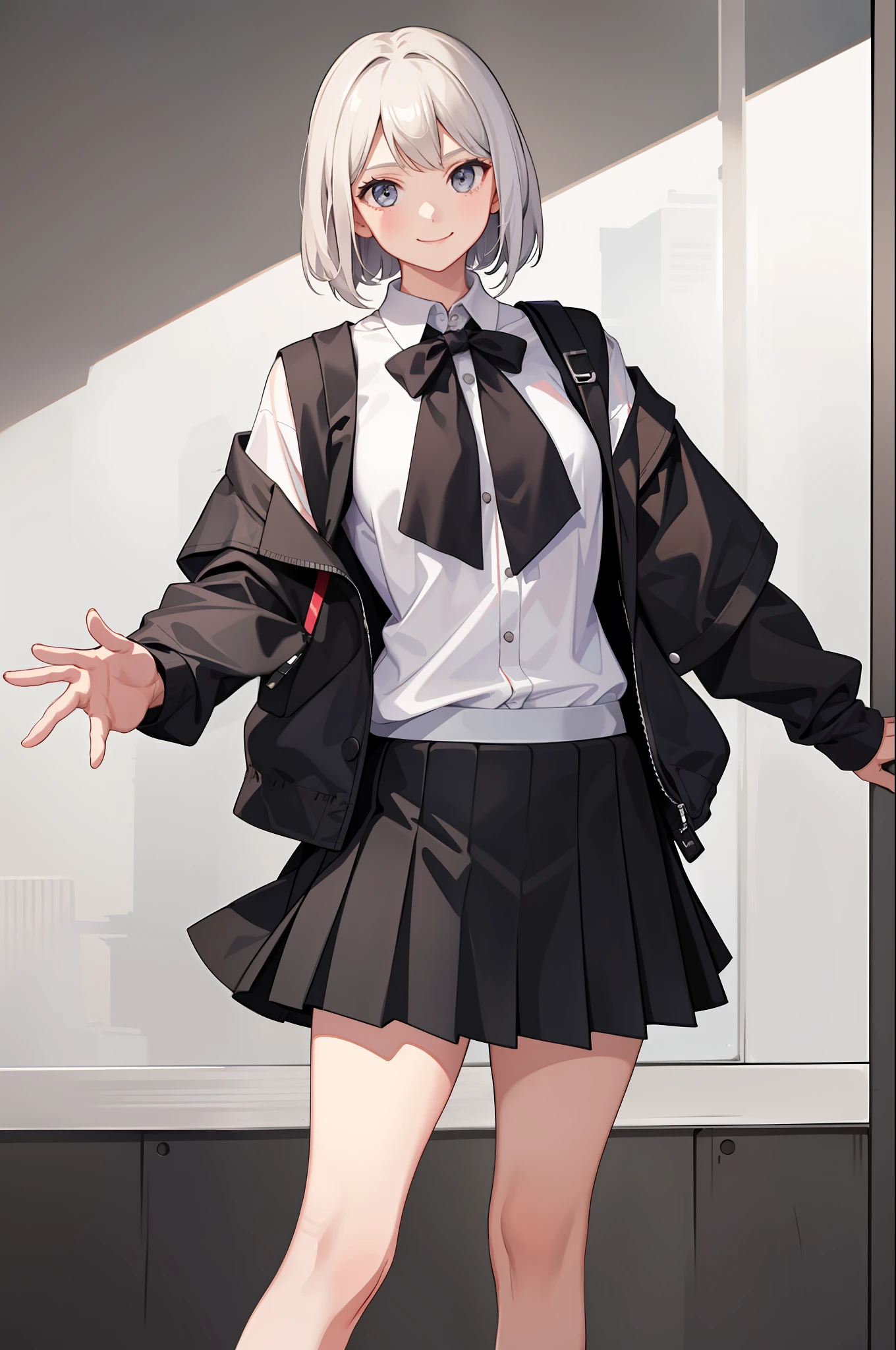 1 girl, smile, shirt, skirt, (small) chiralism,