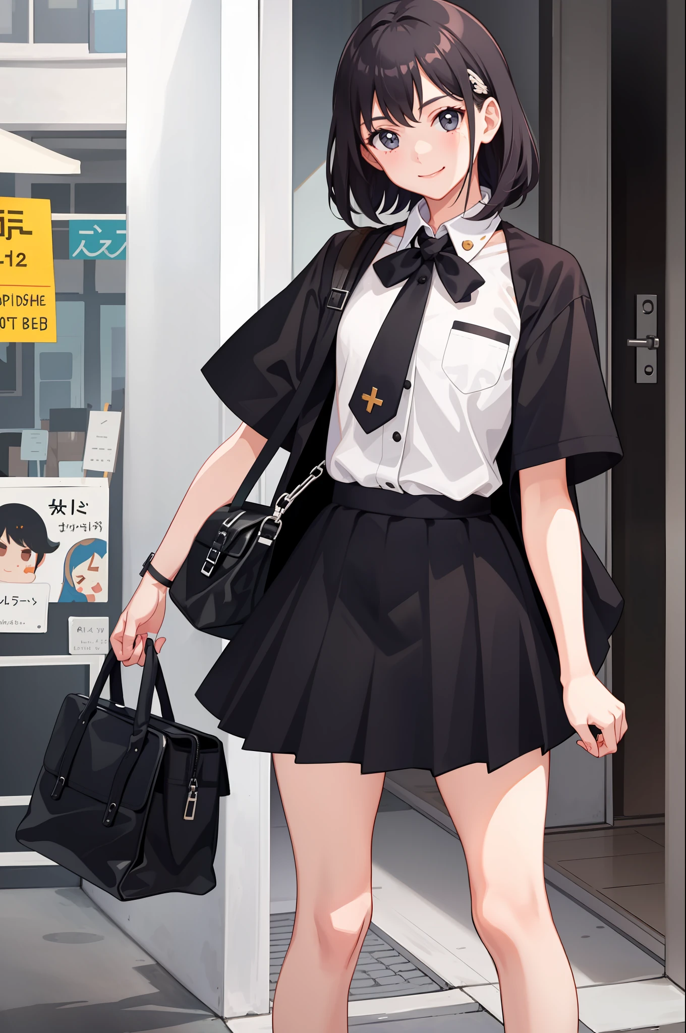 1 girl, smile, shirt, skirt, (small) chiralism,