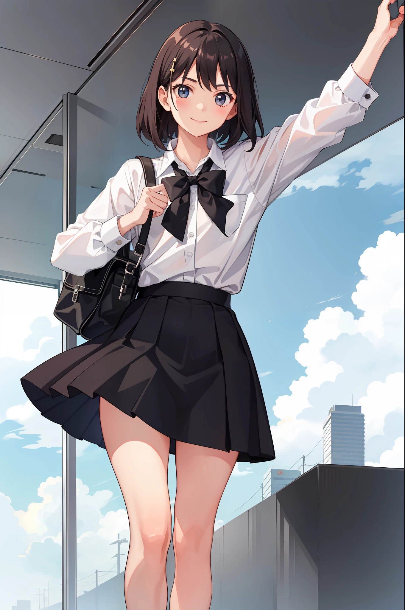 1 girl, smile, shirt, skirt, (small) chiralism,