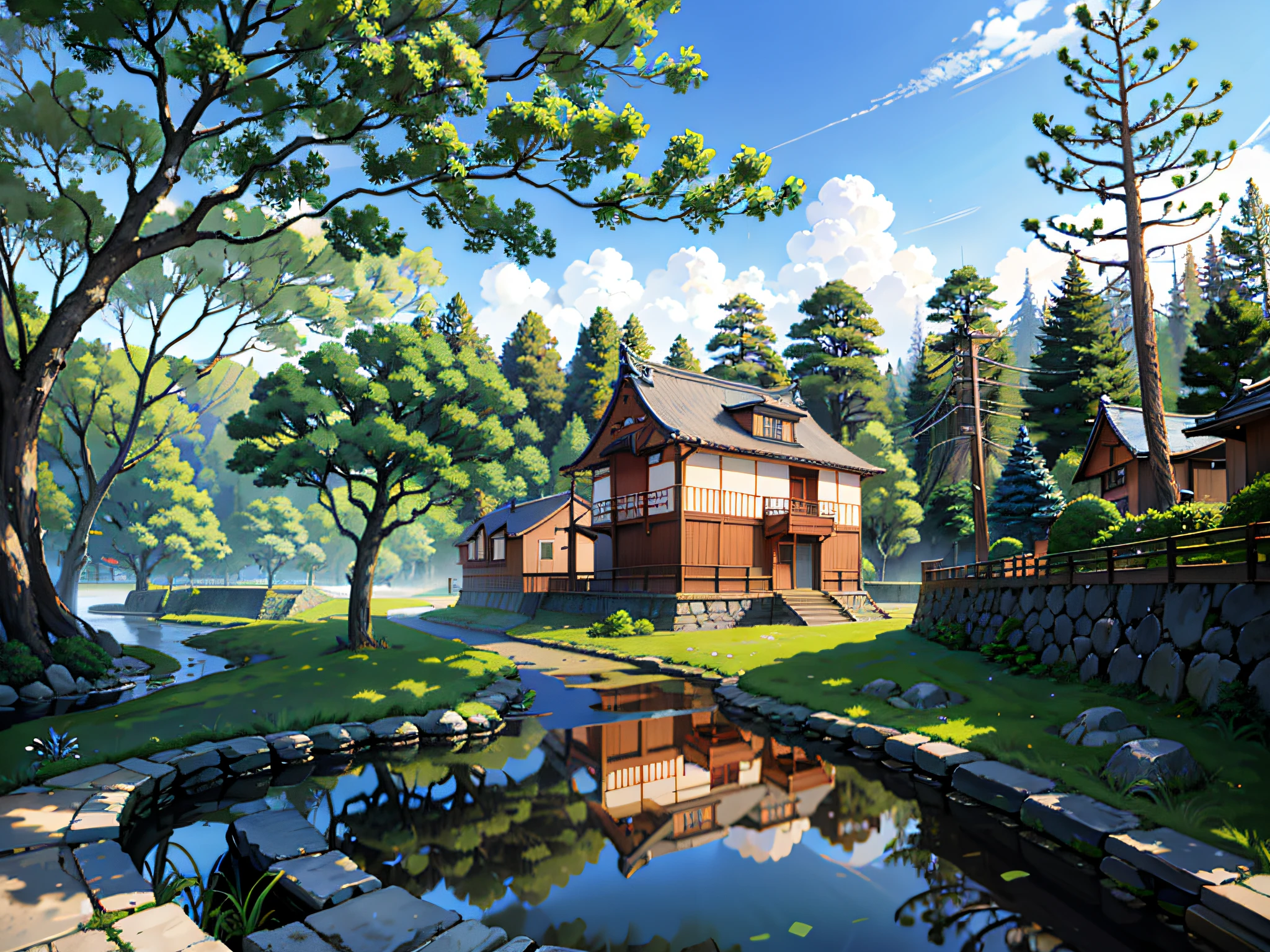 (Japanese town Landscape), (Hayao Miyazaki Style), cartoon, japanese townhouse, (rarely house), road, bend, small house, tree, pole, white cloud, calm landscape, outdoor, green trees, epic composition, realistic lighting, high-definition detail, masterpiece, the best quality, (very detailed CG unified 8k wallpaper), --v6