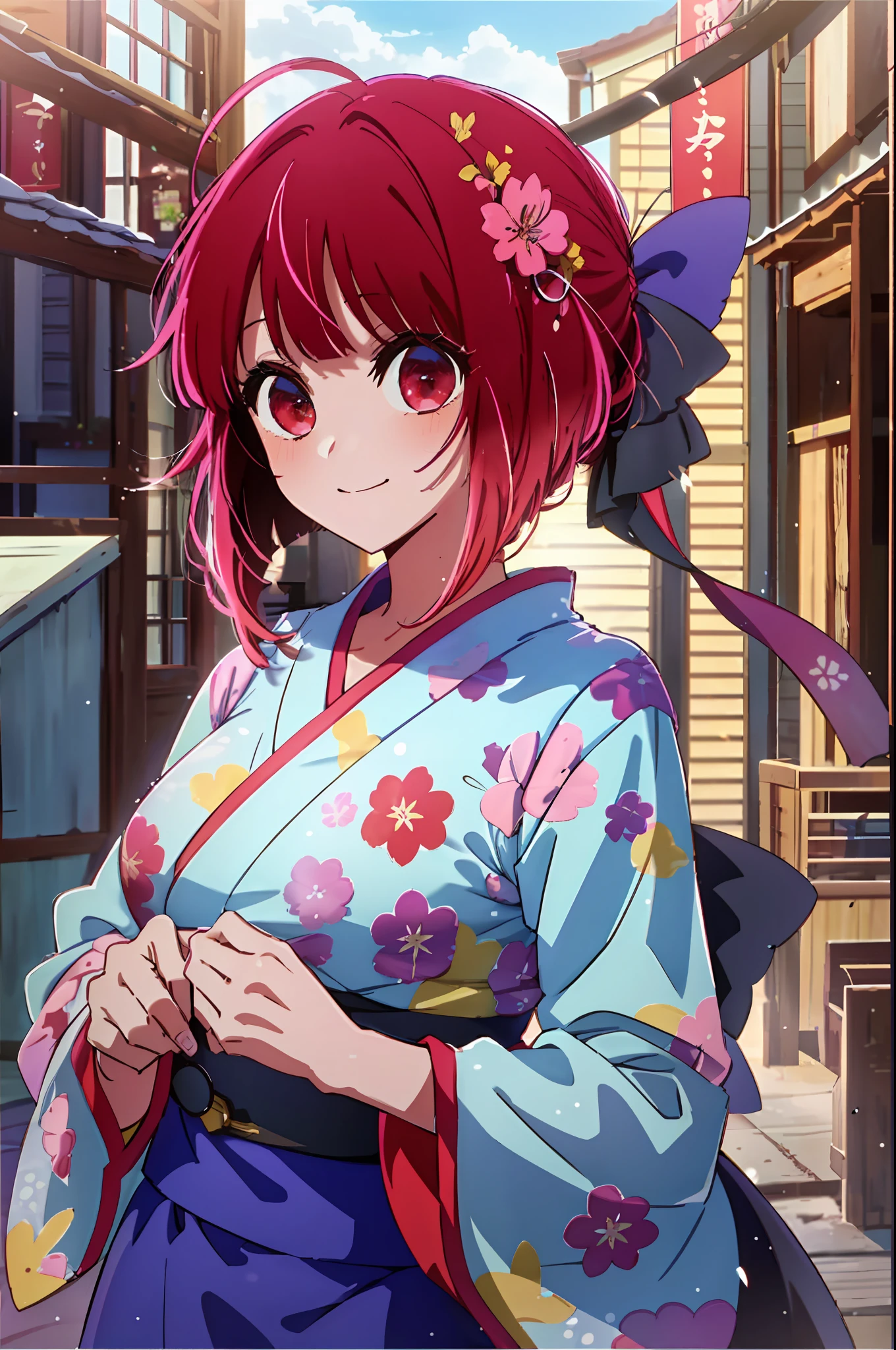 best quality, masterpiece, 2d, masterpiece, best quality, anime, highly detailed, cowboy shot, 1girl, solo, looking at viewer, smile, bangs, medium breast, red hair, red eyes,happy new year card with a girl in a kimono, happy!!!, anime cover, seasons!! : 🌸 ☀ 🍂 ❄, 2 0 2 2 anime style, 2022 anime style, けもの, anime visual of a cute girl, inspired by Eizan Kikukawa, haruno sakura, hanayamata, in style of kyoto animation,close up,((Looking at viewer))