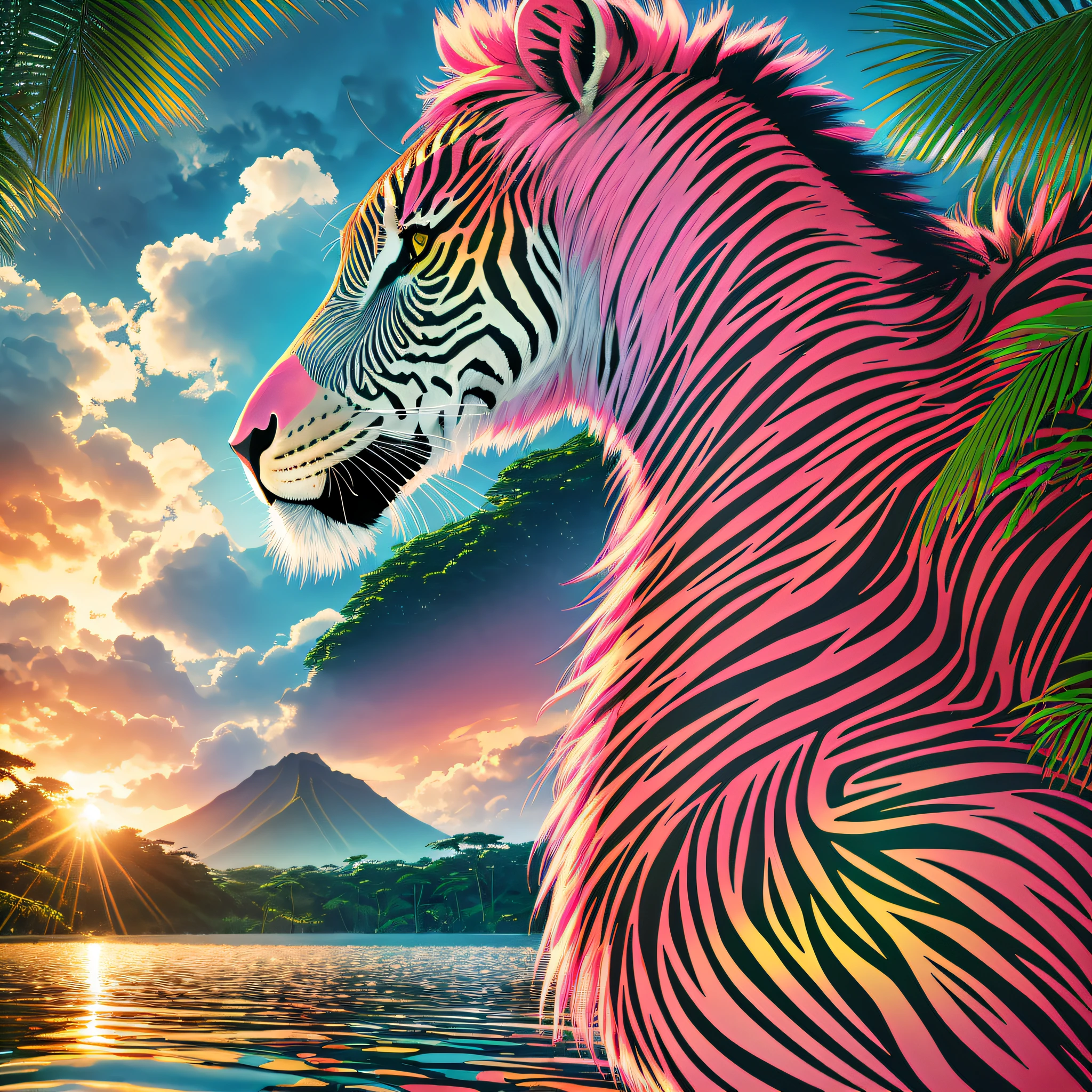 zebra standing in water with sunset in background and mountains in the distance, vaporwave jungle, portrait of a lisa frank, in style of lisa frank, digital painting highly detailed, jen bartel, lisa frank style, 4k highly detailed digital art, bright colors highly detailed, highly detailed digital painting, in a lisa frank art style, highly detailed digital artwork