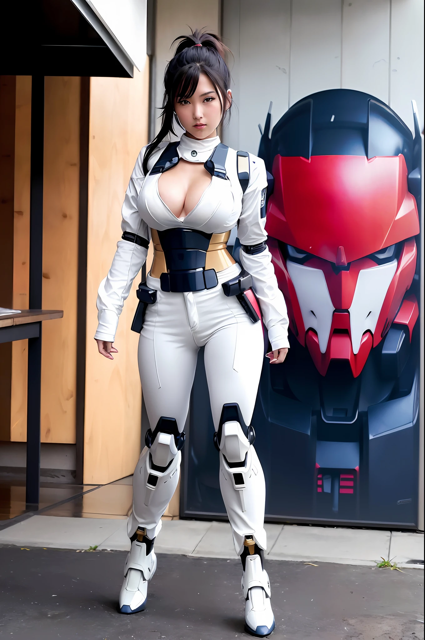 (gundam-rx78:1.2), ultra high res, best quality, photo, 4k, (photorealistic:1.4), 1girl, solo, (upper half body:1.1), close up, ponytail, black hair, beautiful face, beautiful eyes, walking, cityscape, (wearing mecha armor:1.3), depth of field, motion lines, perky breasts, bra lift, breast slip,