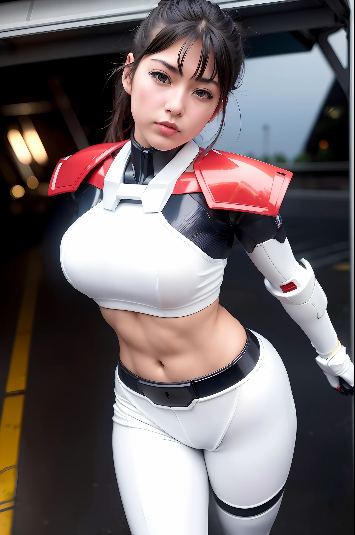 (gundam-rx78:1.2), ultra high res, best quality, photo, 4k, (photorealistic:1.4), 1girl, solo, (upper half body:1.1), close up, ponytail, black hair, beautiful face, beautiful eyes, walking, cityscape, (wearing mecha armor:1.3), depth of field, motion lines, perky breasts, bra lift, breast slip,
