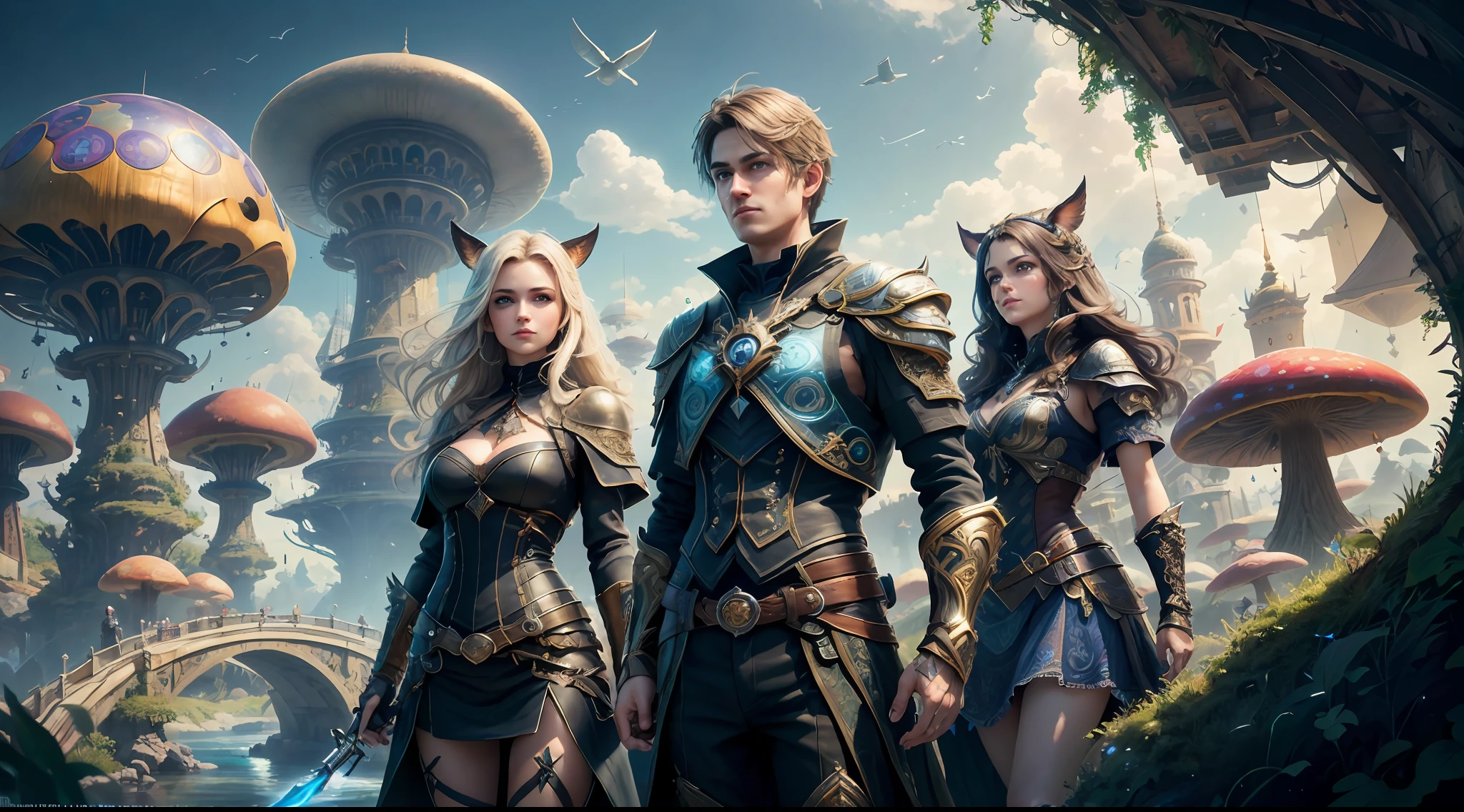 (((Multiplayer, Vivid Eyes, Man and Woman))), Best Quality, Realistic, Realistic, Award-Winning Illustrations, (Intricate Details: 1.2), (Fine Details), (Intricate Details), (Cinematic Light, Best Quality Backlight), Clear Lines, Sharp Focus, Official Art, Unity 8k Wallpapers, Ridiculous, Incredibly Absurd, Fantasy Art, (((Full Body Portrait))), RTX, ((Award-winning Triangle Studio Close-up Photo)), 1 couple, (shut up), best quality, 4K, beautiful mysterious creatures, female, flying, surrealism, masterpiece by ncwinters, in a mysterious country town, masterpiece, intricate details, ff14style, urban painting, bridge, river, giant mushroom, landscape, bright colors,
