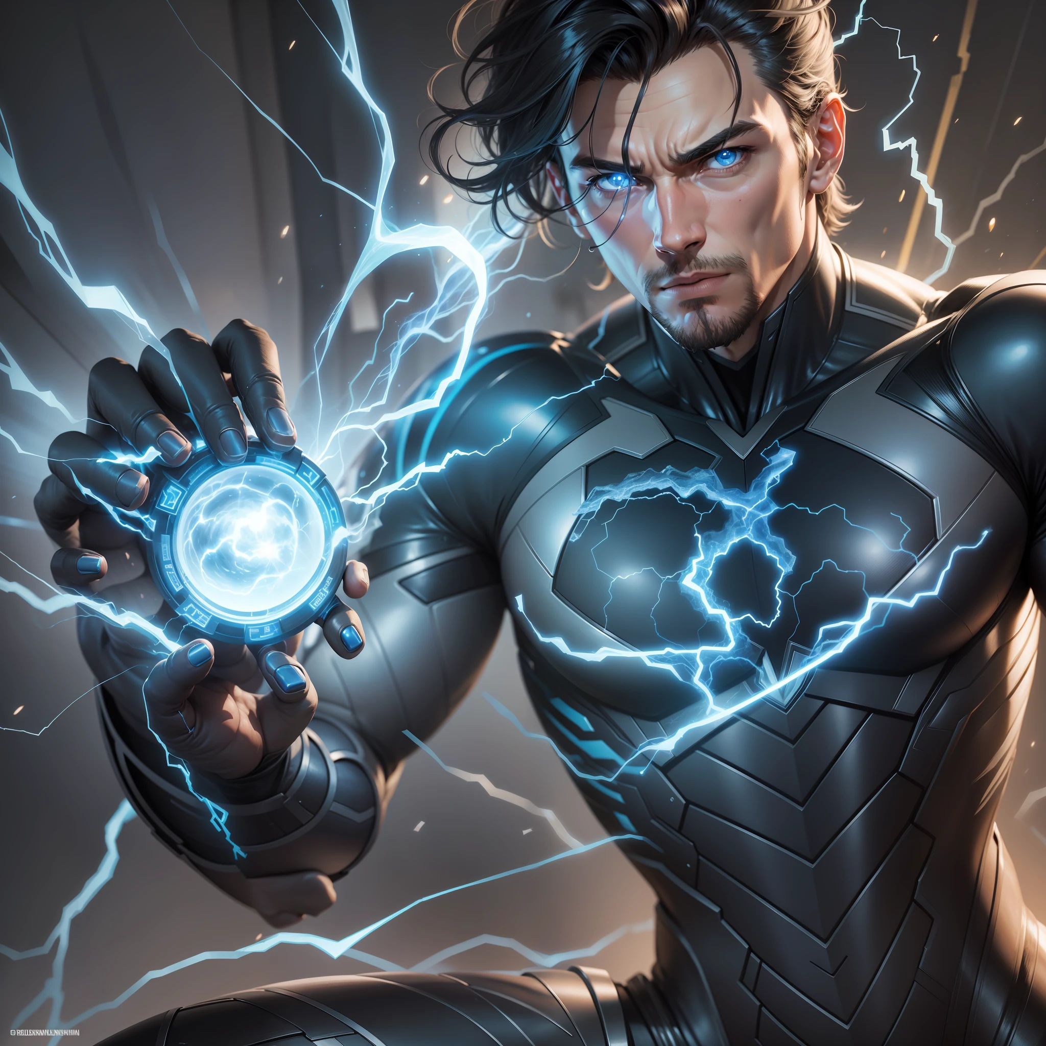 (Masterpiece, 8k resolution, ultra-realistic, very detailed), A closeup of a person in a black and white suit, with the full body in the picture, Reed Richards, Omni Man vs Invincible, Crackling Black Lightning, Full Portrait of Electromancer, this character has cryokinesis, Black Lightning, Mark Waid, an epic anime of a man of energy, Zeronis, Blue Indygo Thunder Lightning,  Marvel's Tor, The Electric Boy