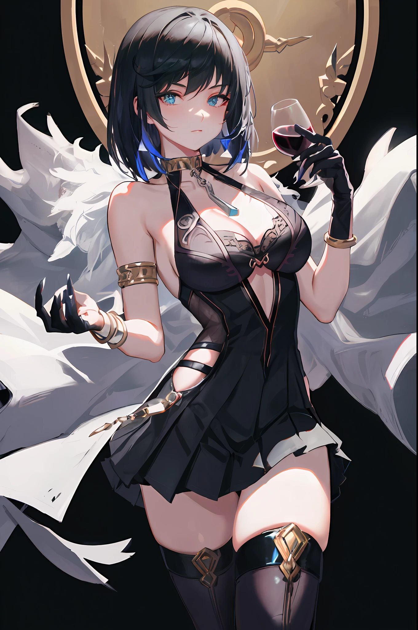 YELAN, 1girl, alcohol, ((alternate costume)), armlet, bare shoulders, black background, black dress, black pleated skirt, ((PLEATED SKIRT)), black gloves, black thighhighs, breasts, cleavage, criss-cross halter, cup, dress, drinking glass, flower, gloves, gradient background, hair between eyes, short hair, halterneck, holding, holding cup, jewelry, large breasts, looking at viewer, necklace, blue nails, see-through gloves, solo, thighhighs, thighs, wine, wine glass, ((masterpiece)),