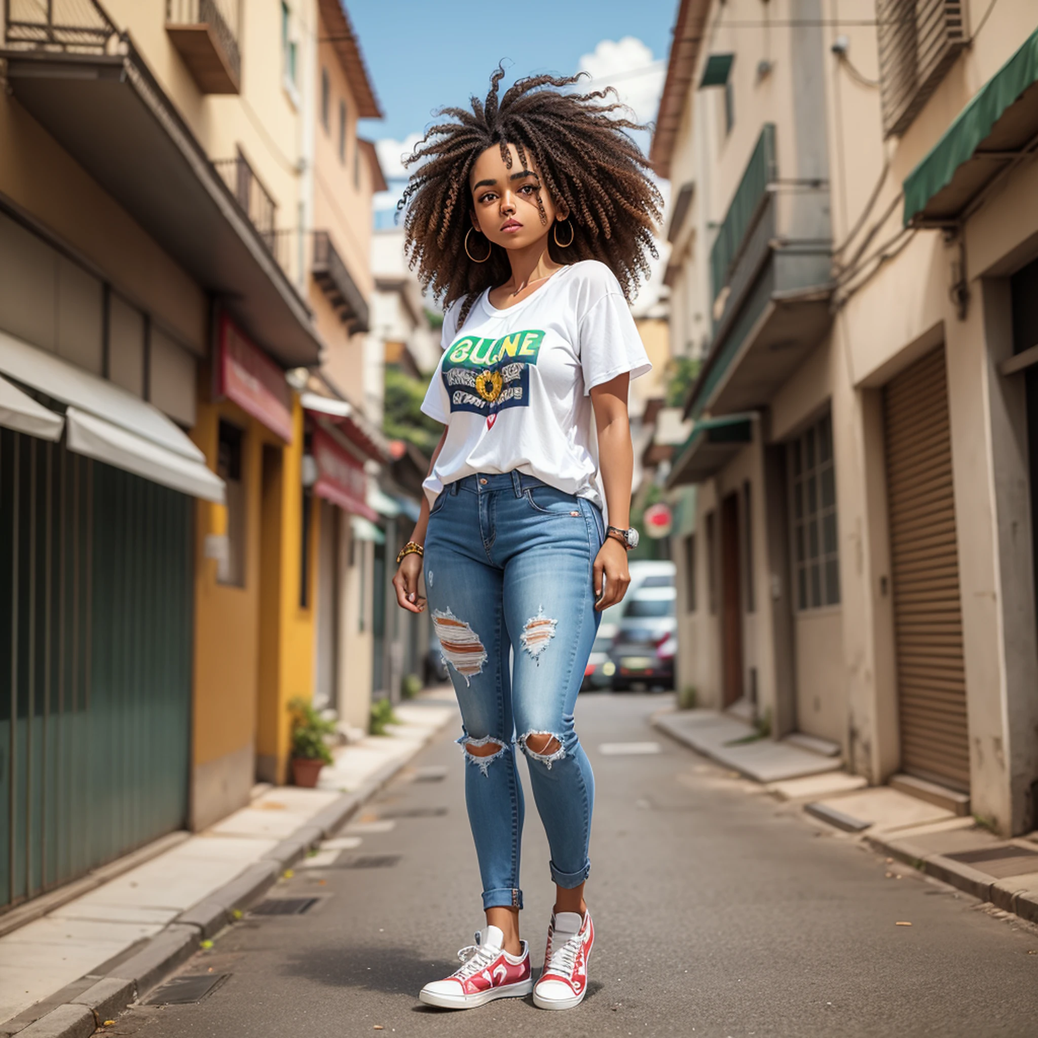 Brazilian woman,brown woman,woman curly hair,shoulder hair,full body, jeans, white sneakers,t~shirts and married,suit, 2d expressive style --auto --s2