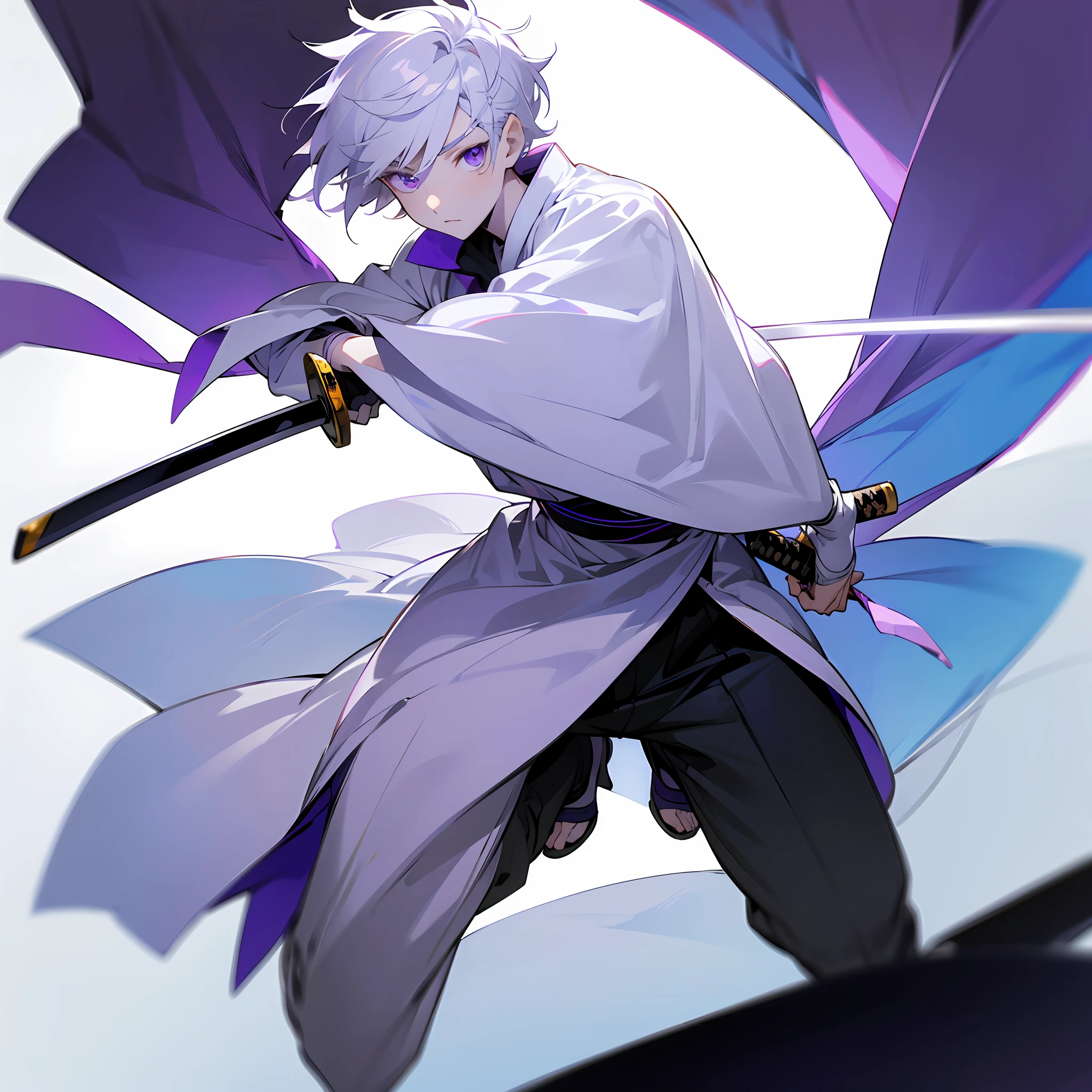 white skin, ultra beautiful face, following a katana, sword, ambient light, pessonage, full body, anime, boy with short hair, silver white, purple eyes, beautiful eyes, shy, Maximum quality.