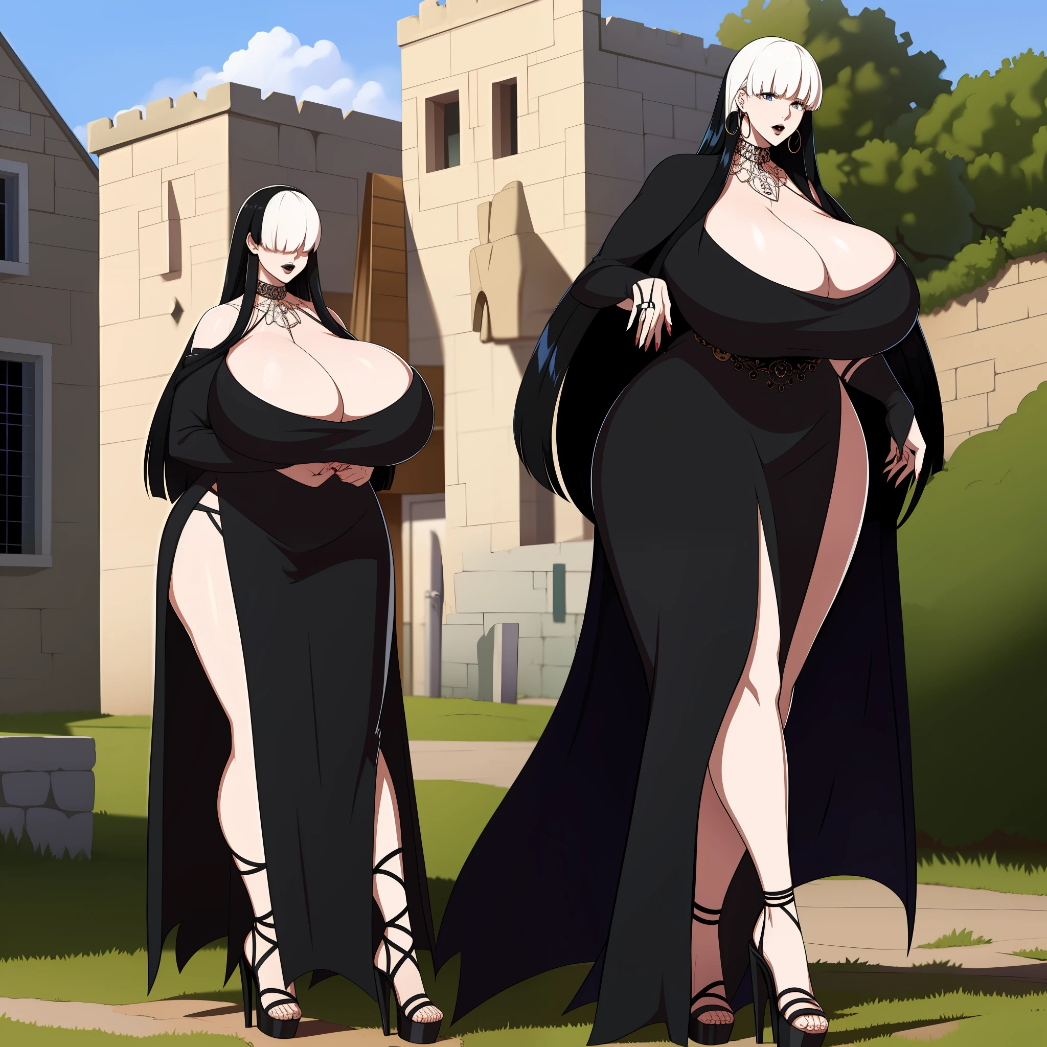 Goth, huge chest, tall woman, long dress, long dress, body of venus, mature female,1character ,1girl, walking, village, europe, france, 1girl, medieval, singlecharacter, one character