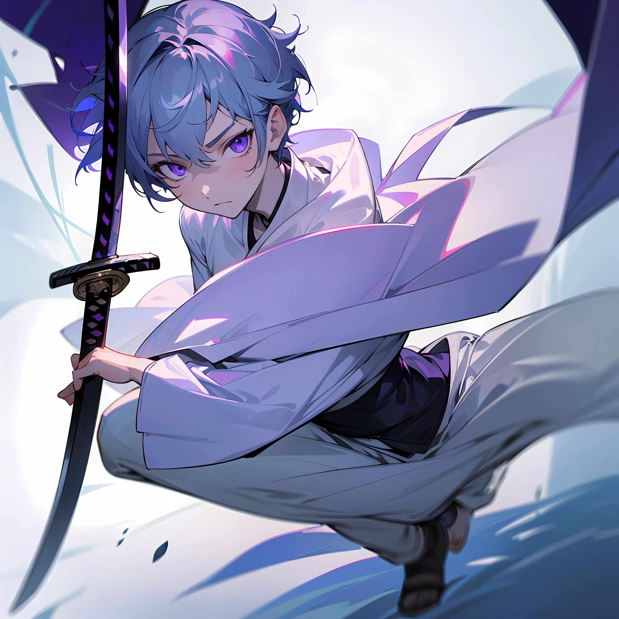 white skin, ultra beautiful face, following a katana, sword, ambient light, pessonage, full body, anime, boy with short hair, silver white, purple eyes, beautiful eyes, shy, Maximum quality.